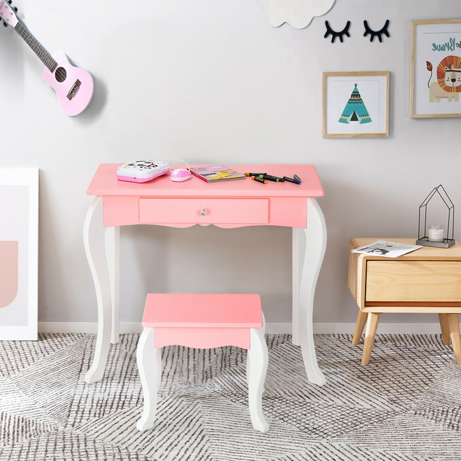 SUGIFT Kids 360-Degree Rotating Detachable Mirror Vanity Table and Stool Set 27.5-in x 13-in x 39-in 44-lb Pink