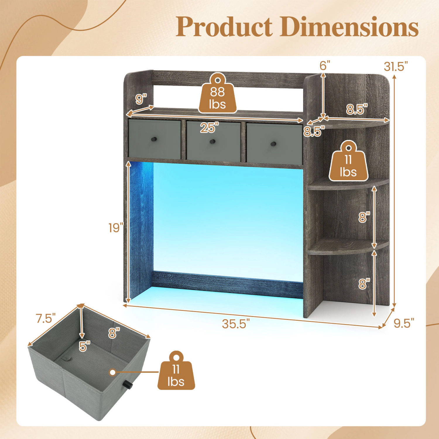 LJG Desktop Bookshelf with LED Lights 5-Tier Shelves and 3 Drawers for Home Officce