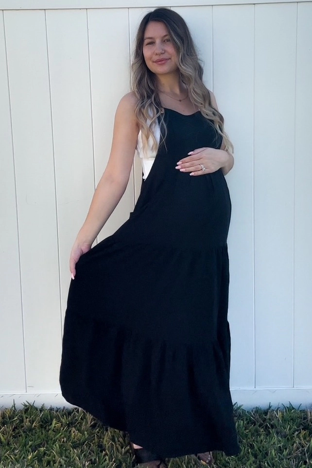 PinkBlush Womens Black Button Sling Tiered Maternity Midi Dress