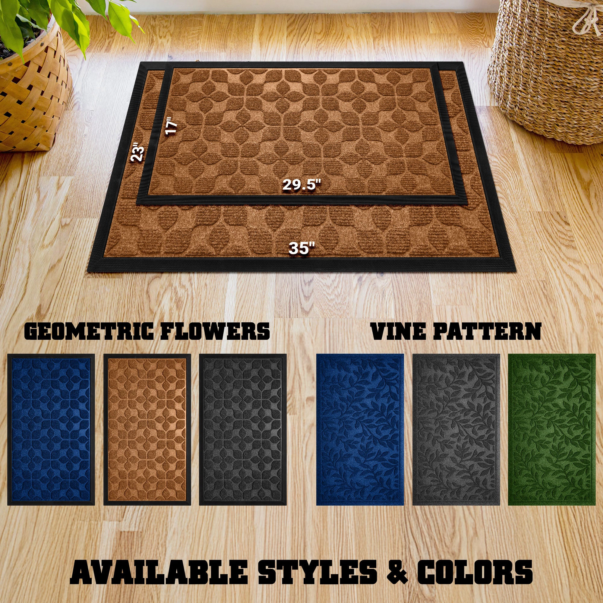 G128 23 x 35 in Brown Geometric Floral Door Mat - Heavy-Duty Polypropylene, Natural Rubber Non-Slip, Indoor/Outdoor