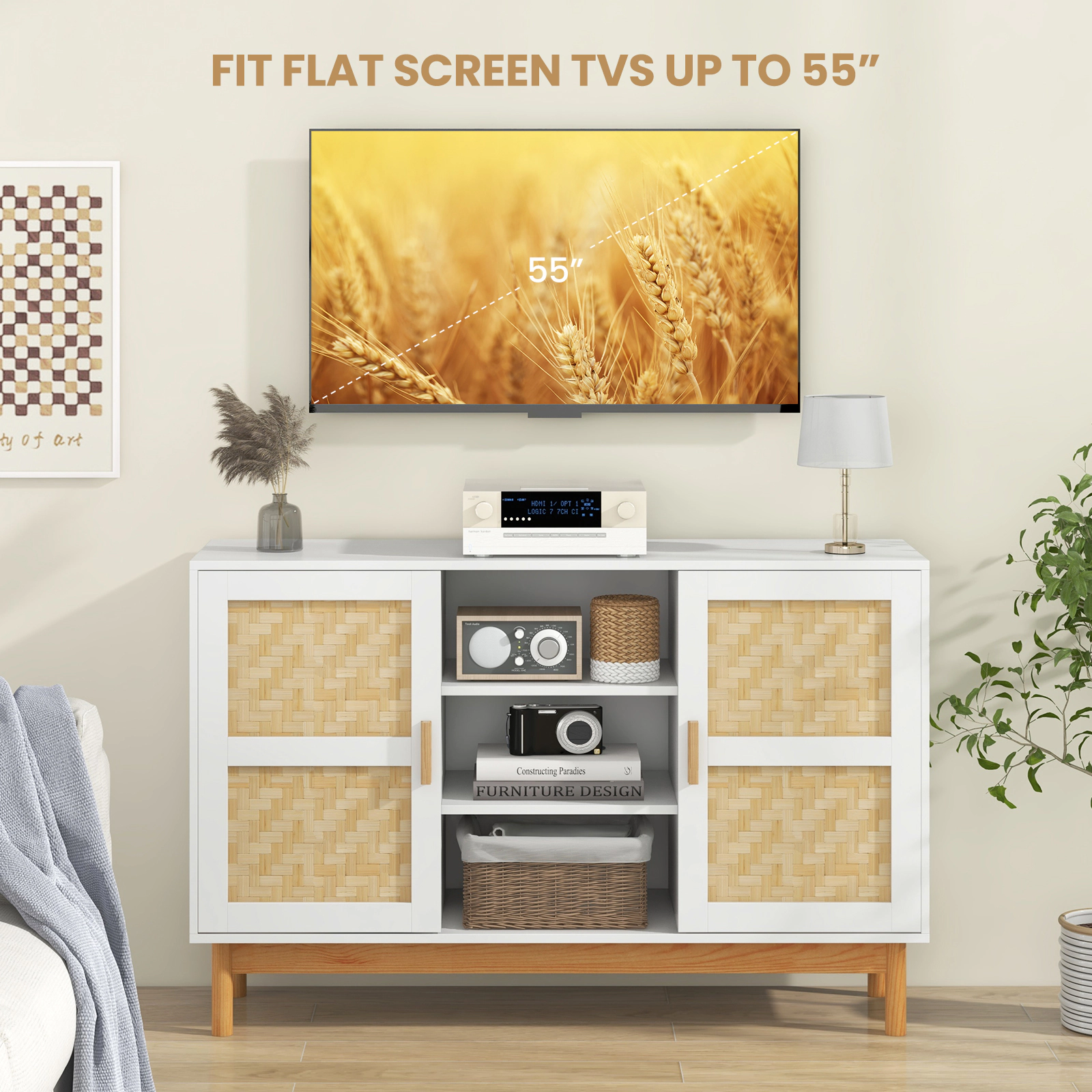 Glintex 48-Inch Sideboard with Bamboo Woven Doors and Solid Wood Legs, Natural & White