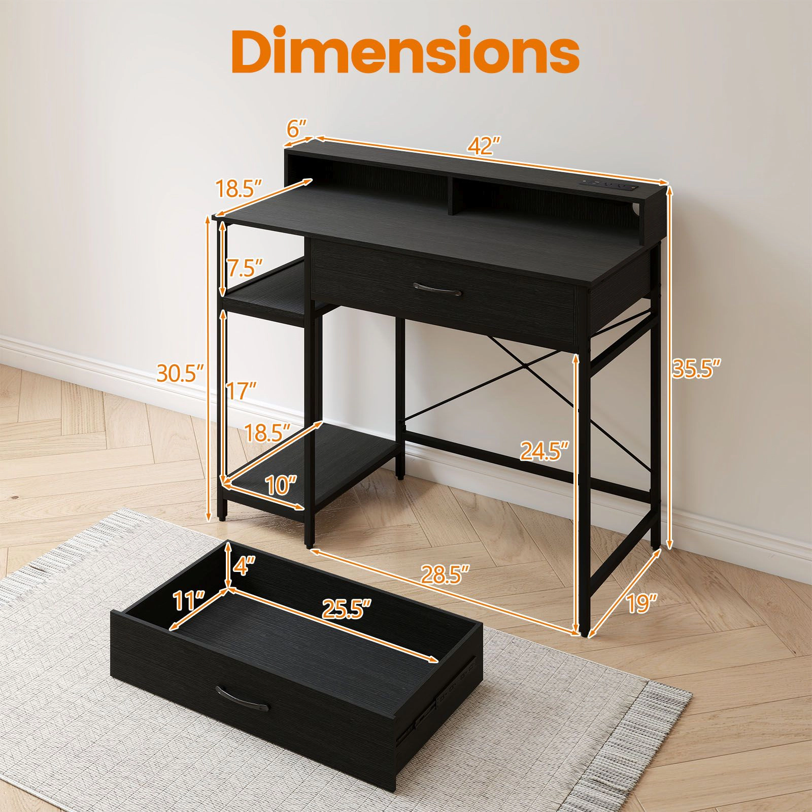 SlickBlue Rustic Computer Desk with Power Strip & Storage Hutch