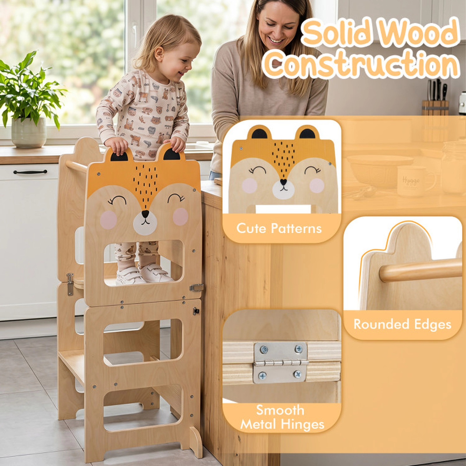 SUGIFT 3-in-1 Wooden Kids Toddler Kitchen Step Stool with Blackboard & Table Set 110-lb Capacity Ages 18+ Months Orange