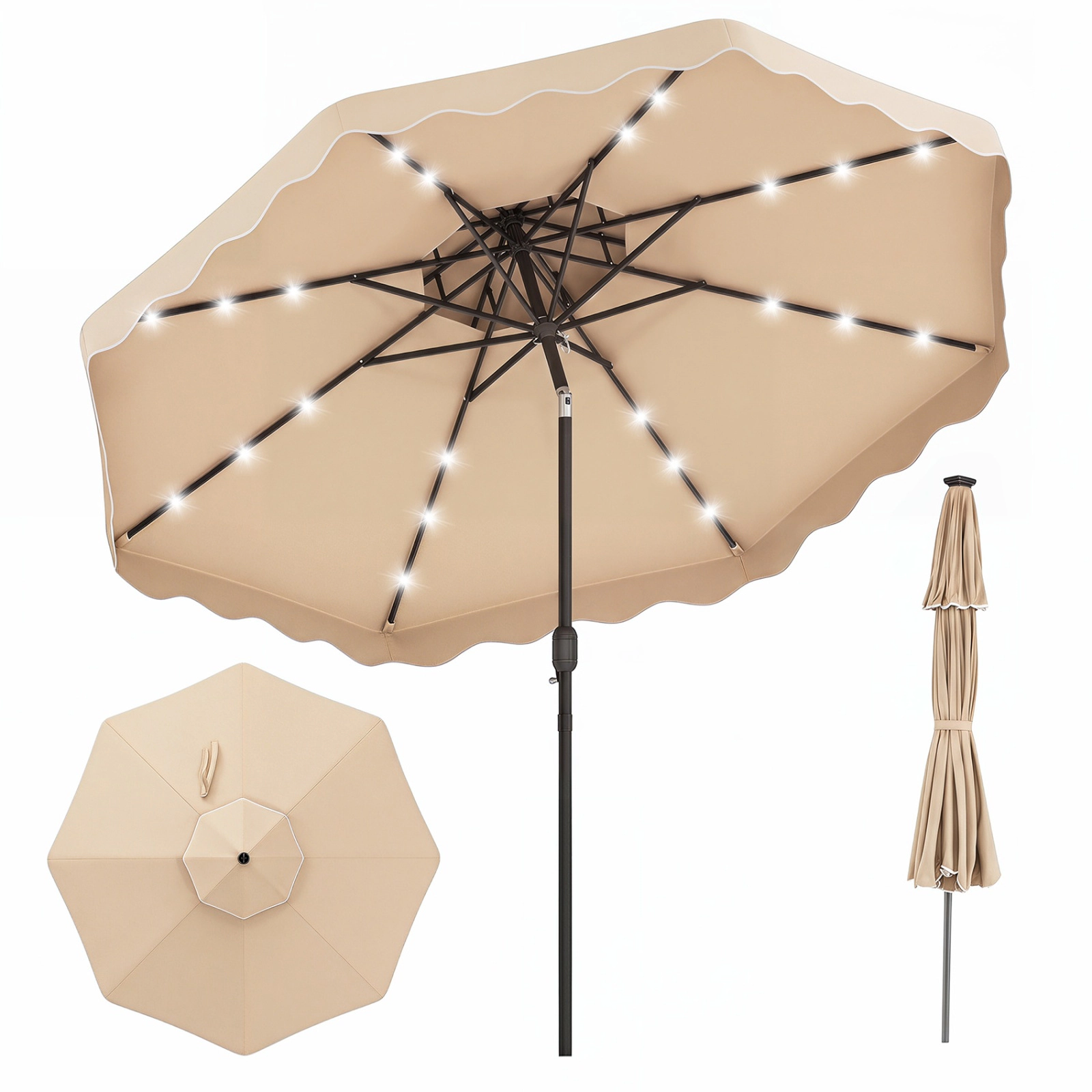 SUGIFT 10-ft Solar LED Patio Umbrella 24 Lights Crank Lift Push-Button Tilt 10 x 8.7-in Canopy 1.5-in Pole 18-lb Net