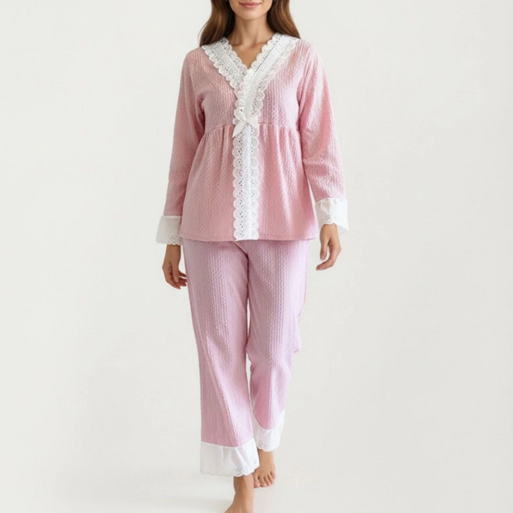 Anna-Kaci Women's 2-Piece Long Sleeve Pajama Top with Lace Trim and Matching Relaxed Fit Pants