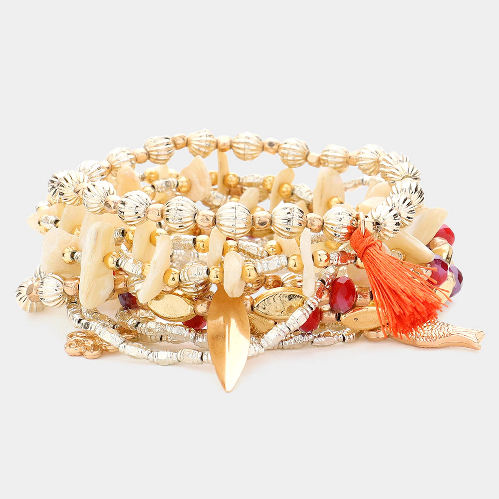FASHNZFAB 10PCS - Swirl Metal Charm Mother Of Pearl Beaded Fish Flower Charms Stretch Multi Layered Bracelets