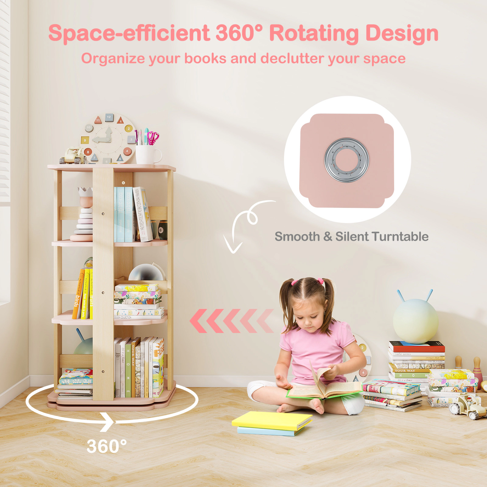 SUGIFT 3-Tier Rotating Corner Toddler Book Rack Toy Organizer with 12 Sectors 38-in Tall Ages 3+ Pink MDF