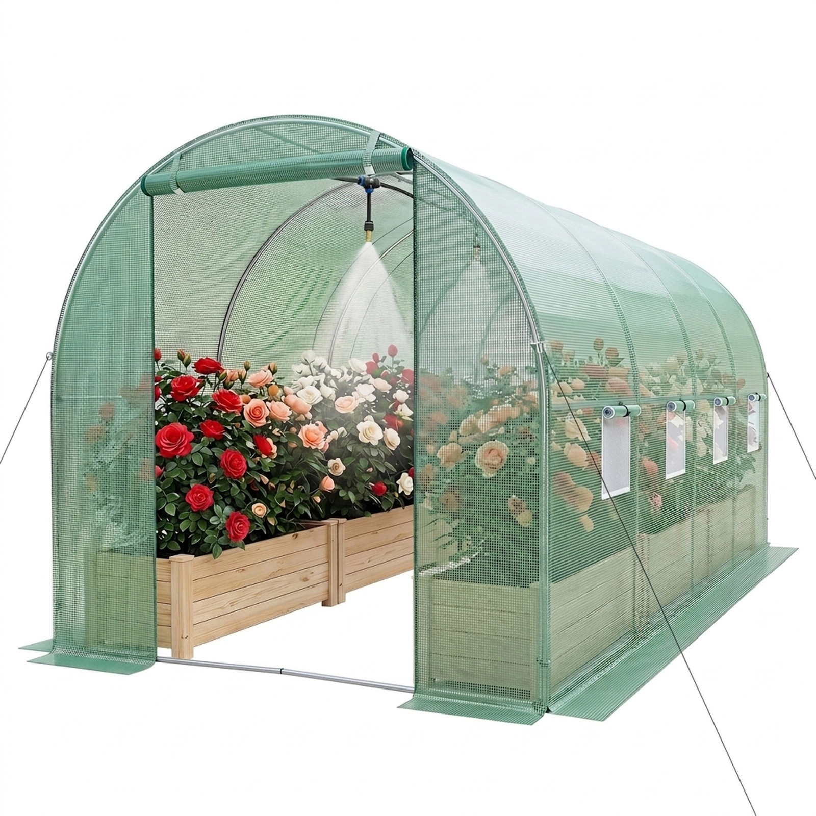 SUGIFT Walk-in Tunnel Greenhouse Green 15 x 7 x 7 ft with Watering System and 8 Mesh Windows