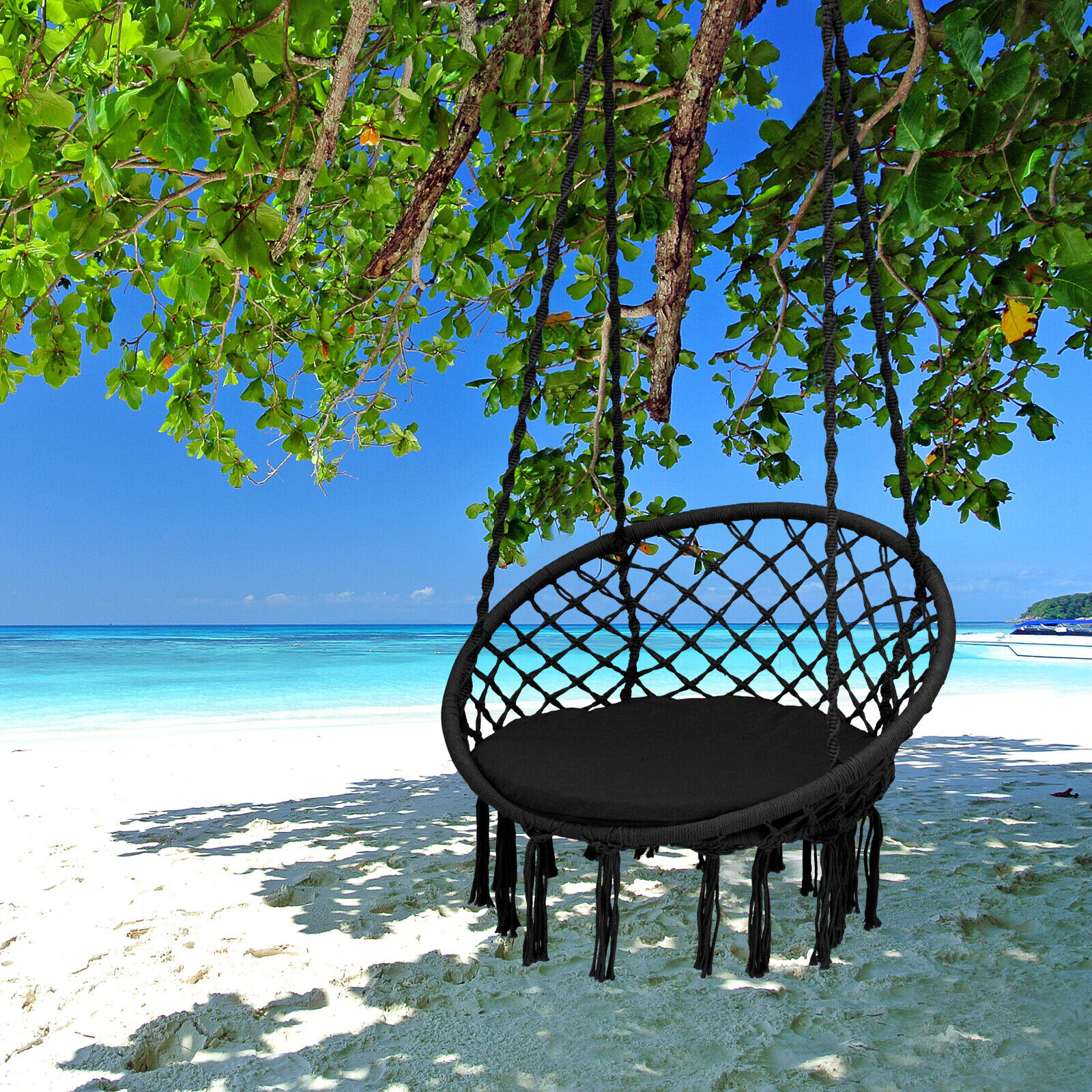 SUGIFT Cushioned Hammock Swing Chair with Hanging Kit 31.5-in Round Frame 330-lb Capacity Black