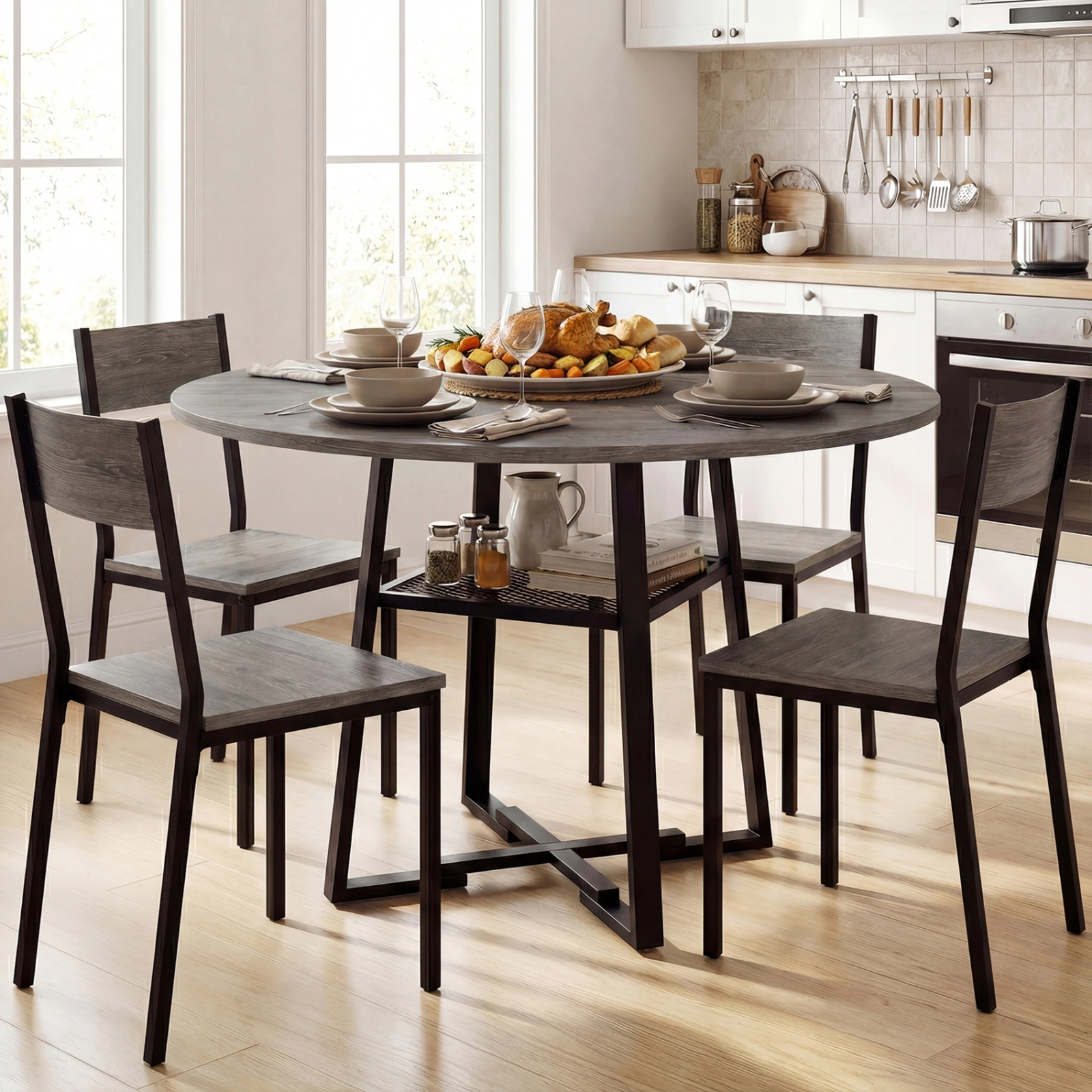 SUGIFT 47.5-in Round Dining Table for 4-6 with Storage Shelf 330-lb Tabletop Capacity Rustic Brown and Black Gray