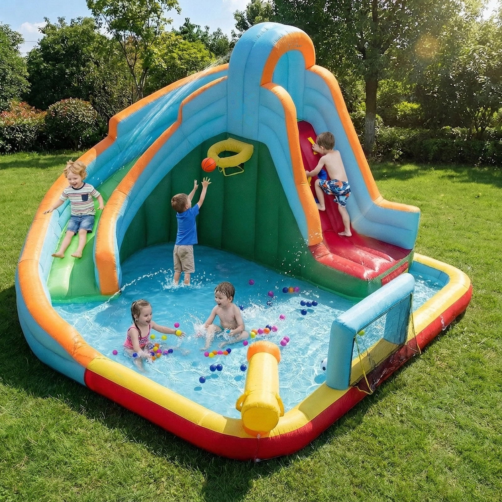 SUGIFT 6-in-1 Giant Inflatable Water Slide Park with Splash Pool Climbing Wall and 50 Ocean Balls