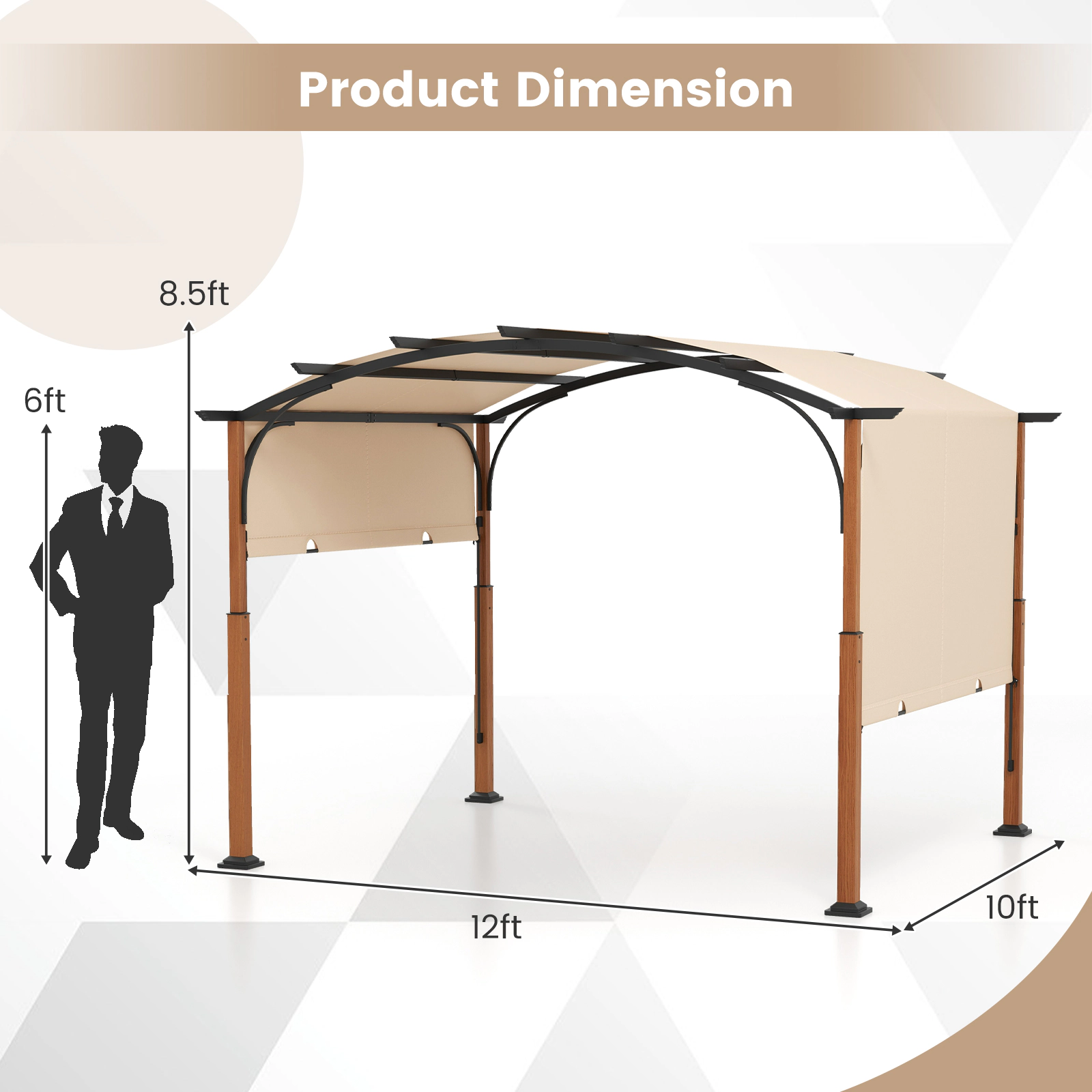 SUGIFT 10-ft x 12-ft Beige Outdoor Retractable Pergola with Sliding Sun Shade Canopy for Patio and Deck