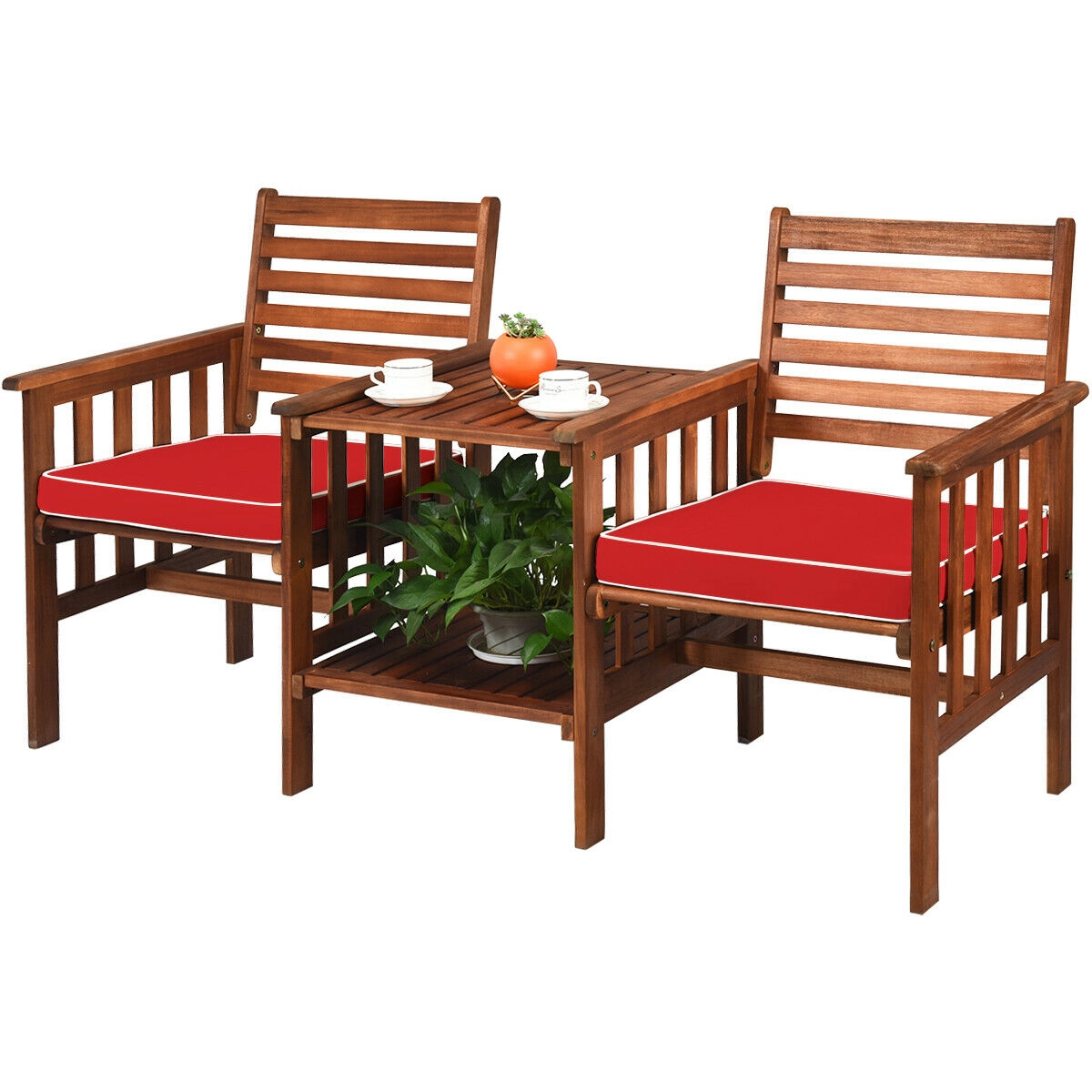 LJG 3 Pcs Outdoor Patio Table Chairs Set Acacia Wood Loveseat
