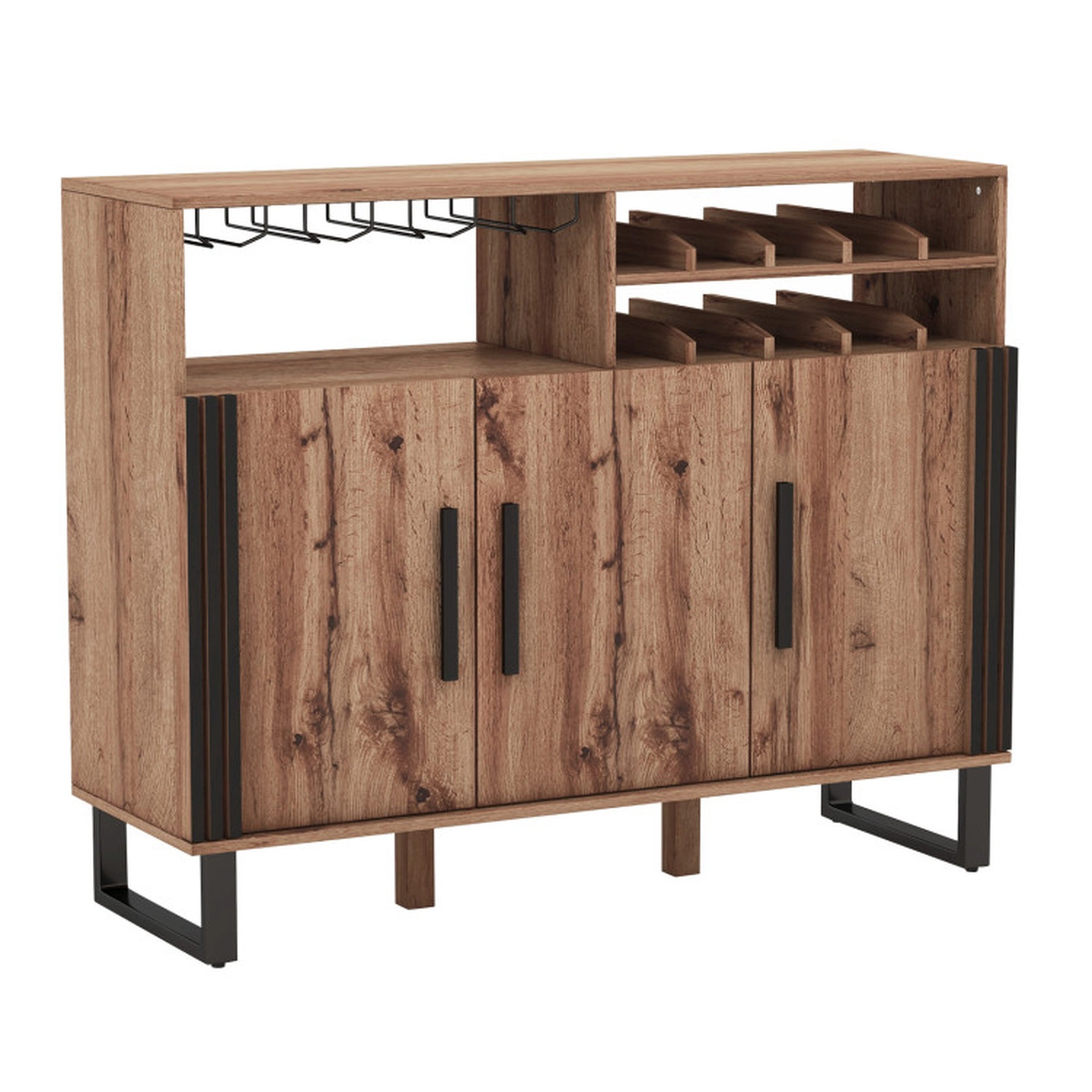 SUGIFT 3-Door 2-Tier Wine Rack 4-Row Glass Holder Home Bar Cabinet 47-in x 16-in x 37.5-in 110-lb Capacity Brown