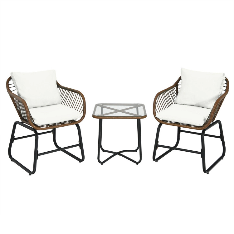 Hivvago 3 Pieces Patio Rattan Bistro Set With Cushions And Glass Table