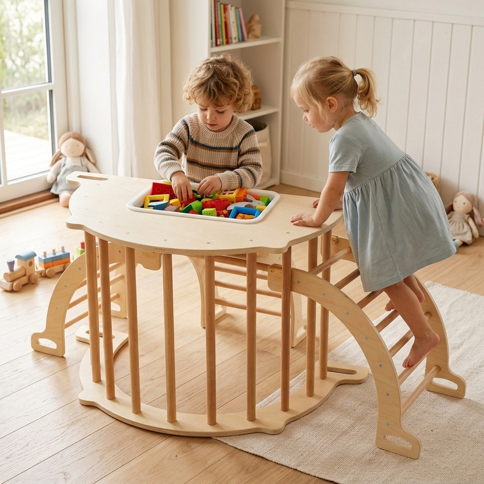 8-in-1 Wooden Climbing Arch Rocker Collapsible Toy Storage Bin 35.5-in Beech Frame and 110-lb Capacity Ages 3+ Natural