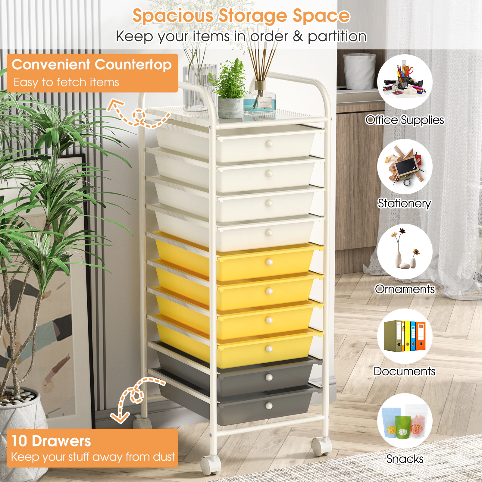 SUGIFT 10-Drawer Rolling Storage Cart Organizer with 4 Universal Casters 3-lb Drawer Capacity Yellow