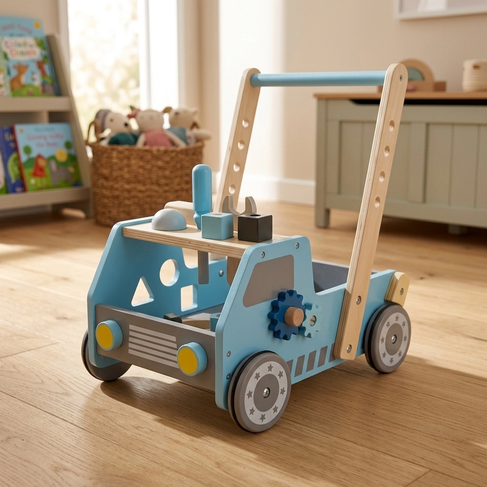2-in-1 Wooden Kids Tool Bench with Truck Shaped Push Walker 2 Speed Settings and Bottom Toy Storage Blue Workbench