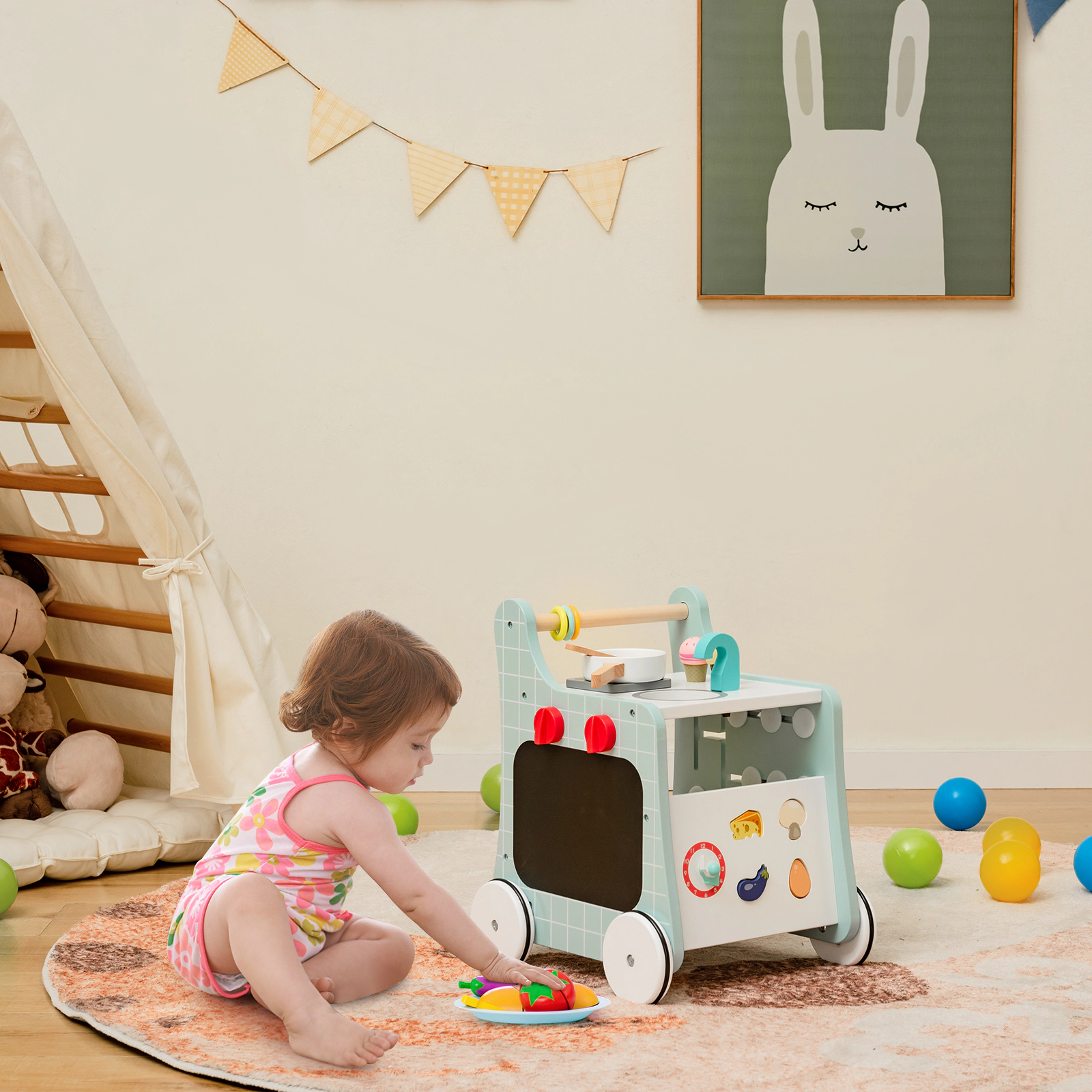 6-in-1 Wooden Baby Push Walker with Play Kitchen Shape Sorter Clock and Storage Box Blue Activity Walker