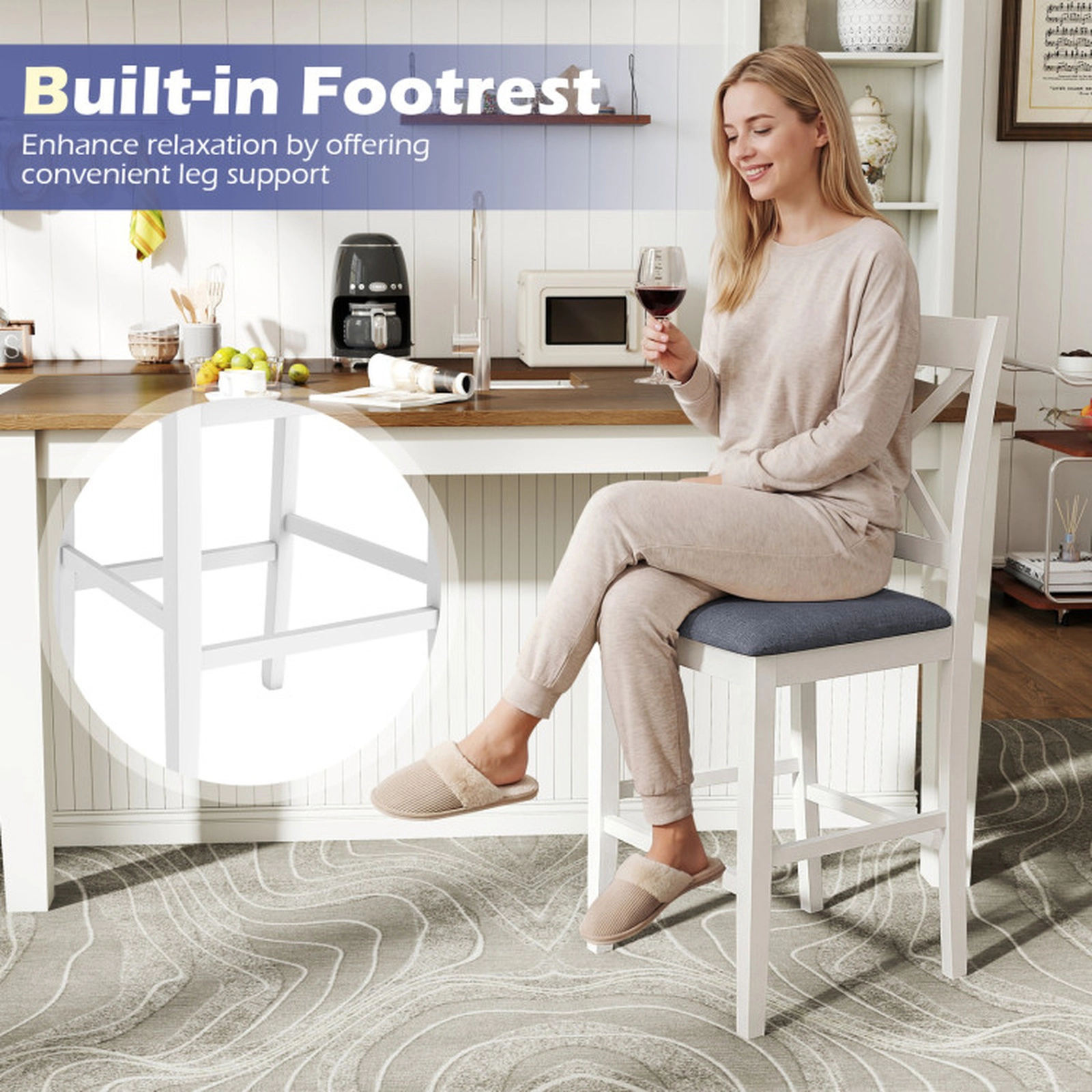 SUGIFT Gray Upholstered Cushioned Seat Set of 2 White X-Back Counter Height Bar Stools
