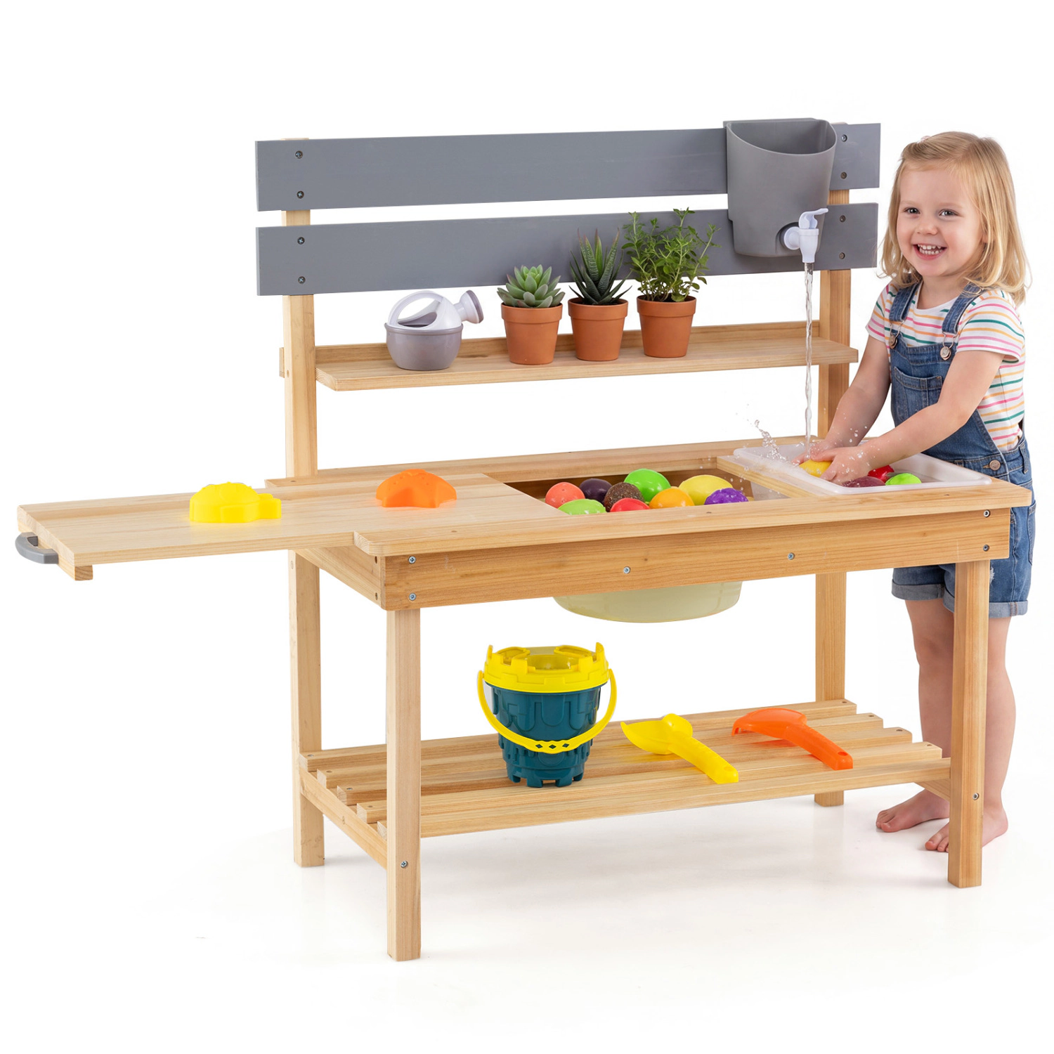 LJG Outdoor Kids Mud Kitchen with Extended Tabletop and Water Tank