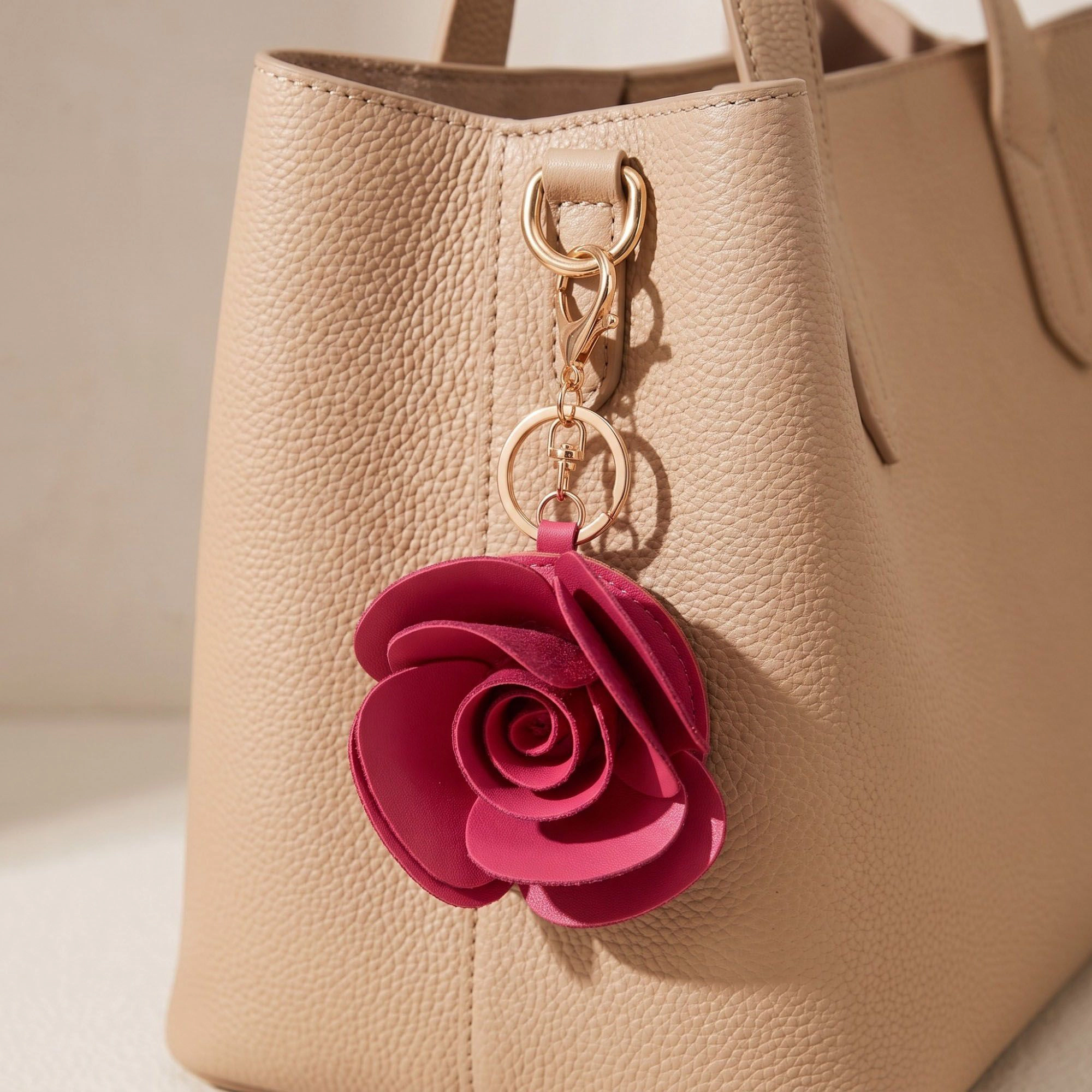 Alilang Women's Dark Pink Rose Flower Bag Charm with Gold Tone Dual Clip