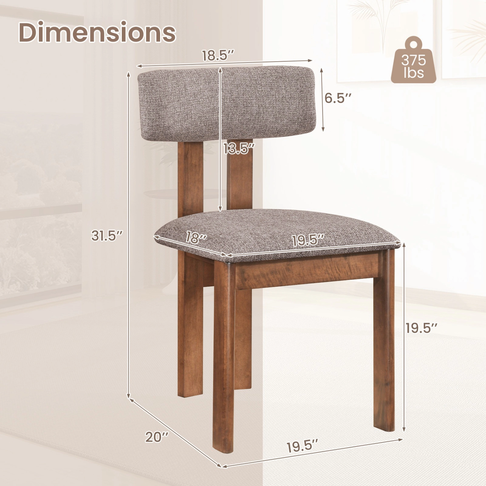 SUGIFT Set of 2 Walnut and Grey Upholstered Dining Chairs with Curved Backrests