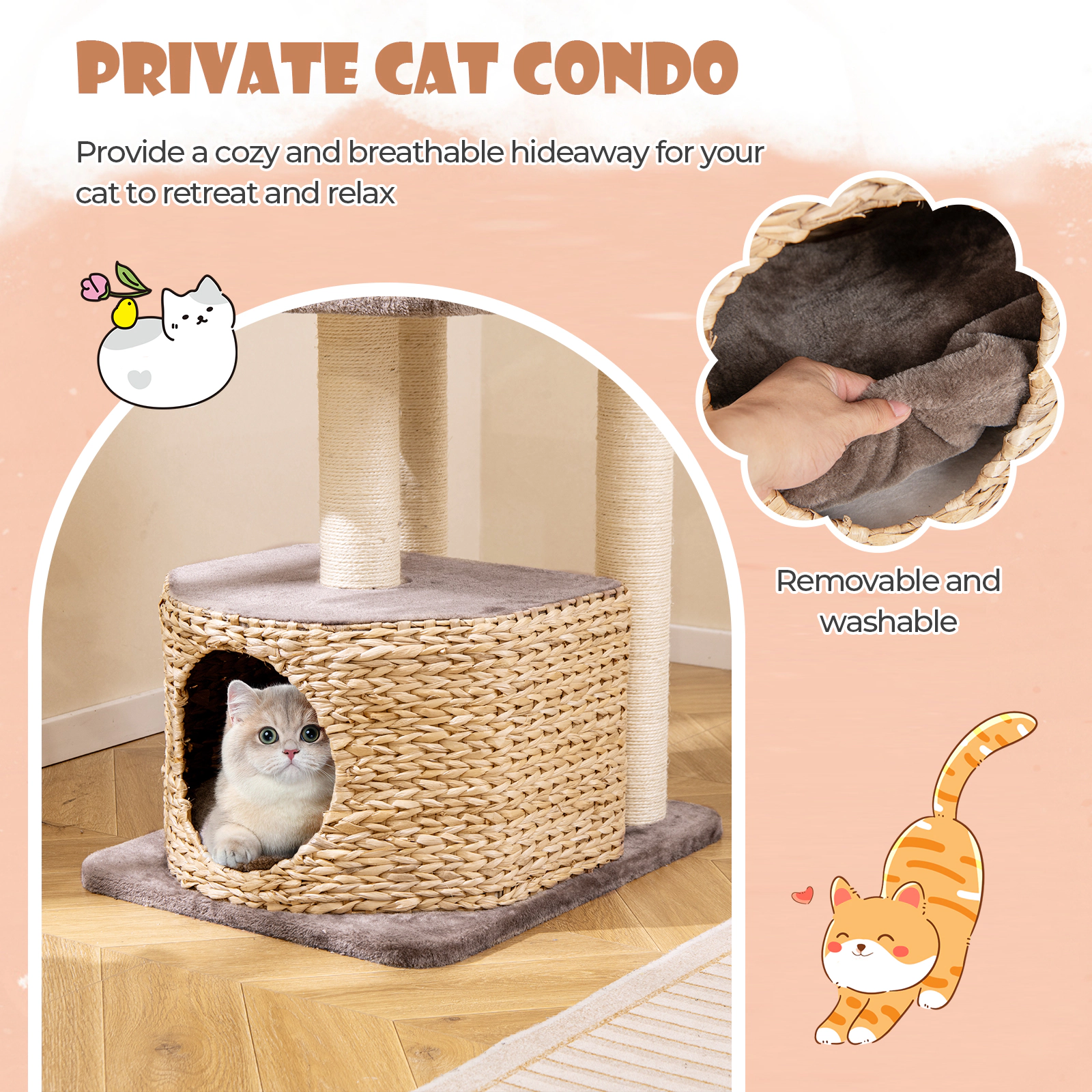 Glintex 52-Inch 4-Layer Cat Tower with Cattail Condo and Protective Perch Edges, Coffee