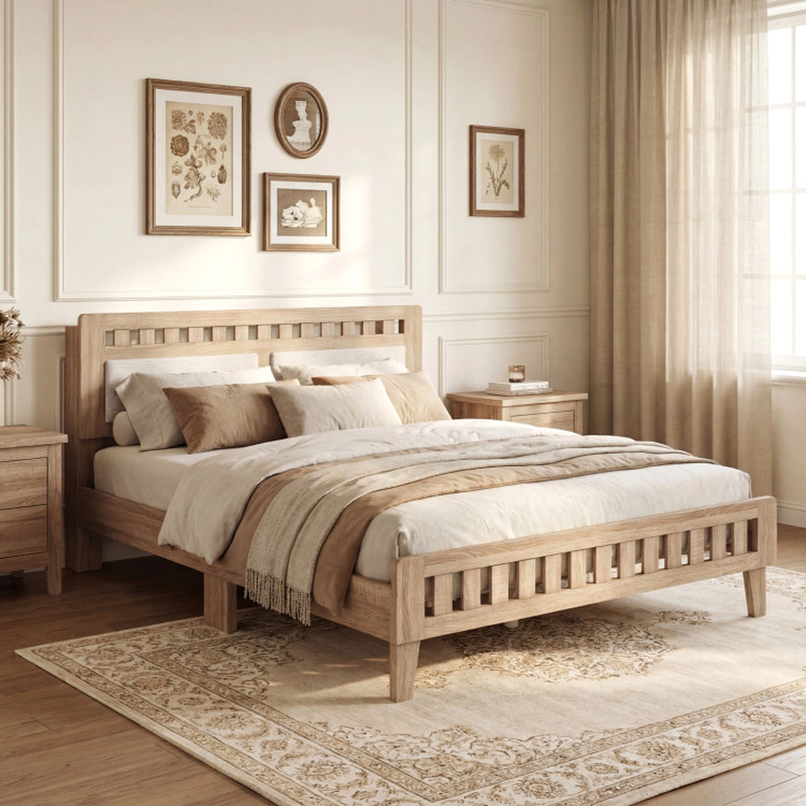 SUGIFT Queen Wood Bed Frame Upholstered Headboard 700-Lb Capacity 85-in Length 80 x 61-in Bed Surface Rustic Oak + Beige