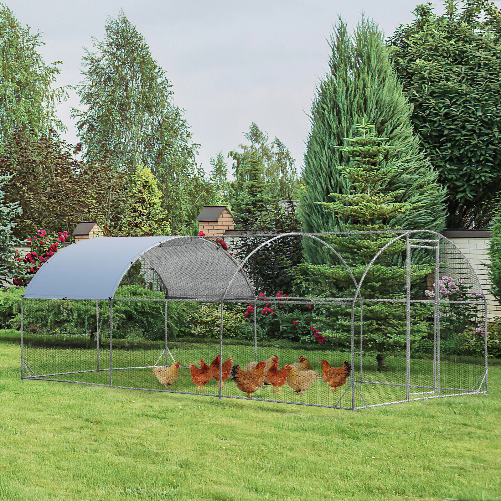 SUGIFT Silver 19-ft Galvanized Metal Chicken Coop with Waterproof Oxford Cover and Lockable Latch Door