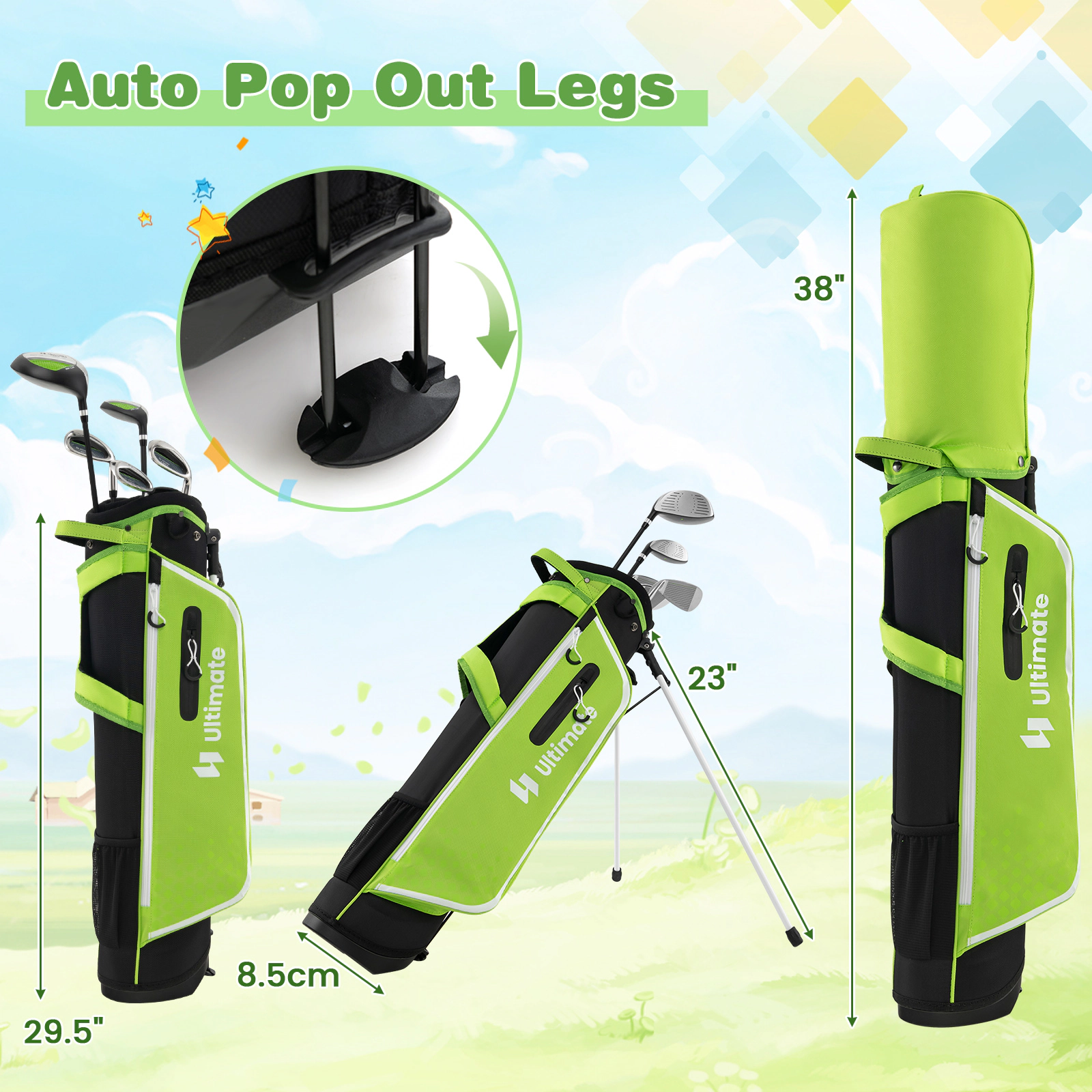 SUGIFT Junior Complete Golf Club Set with Stand Golf Bag and Rain Hood for Kids Ages 11-13 Sports Bag Green