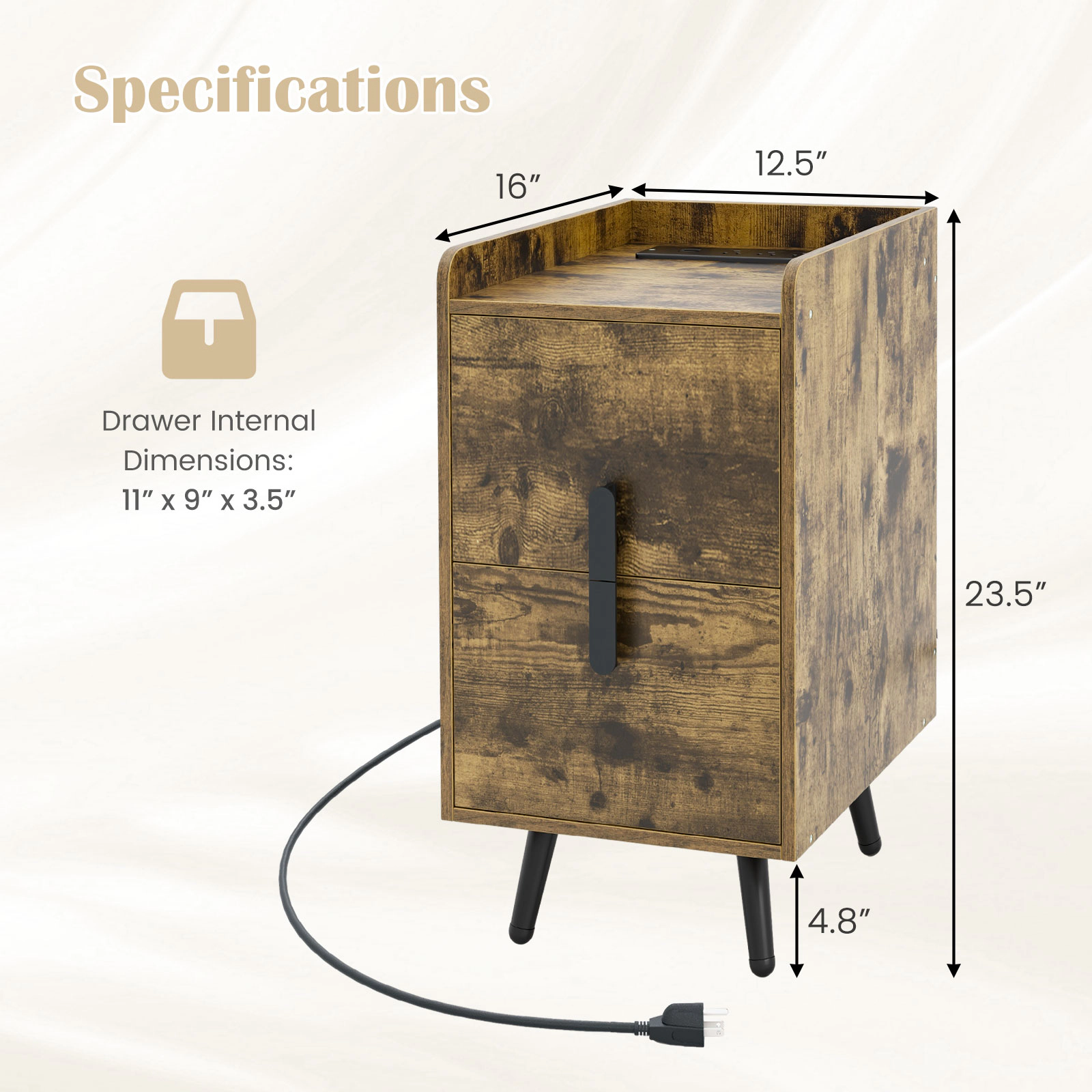 Hivvago Nightstand Side Tables with 2 Drawers and USB Ports