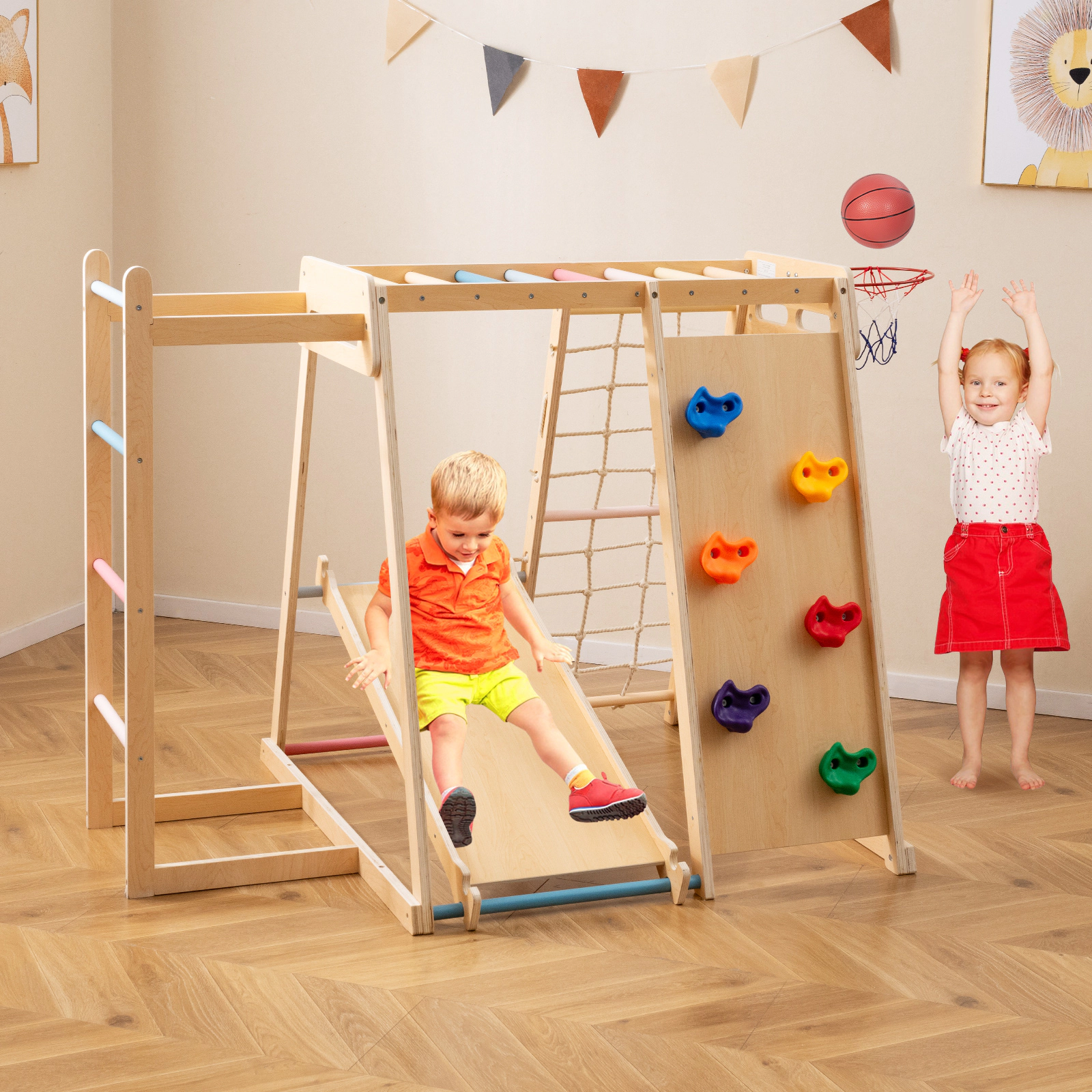 6-in-1 Kids Indoor Playground Jungle Gym Reversible Slide Rock Ramp Ball Rim Floor Anchors 330-lb Ages 3-14 Macaron