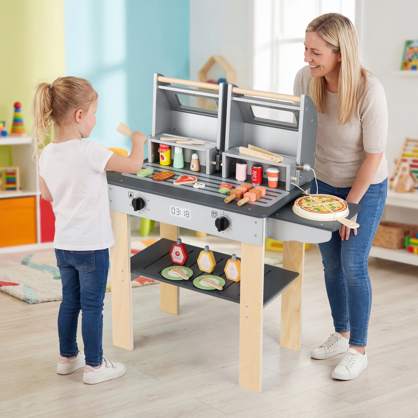 Wooden Kids BBQ Grill Playset Safety Lid Latch See-Through Windows 19-pc Accessory Set 37-in Toy Grill Ages 3+ Grey