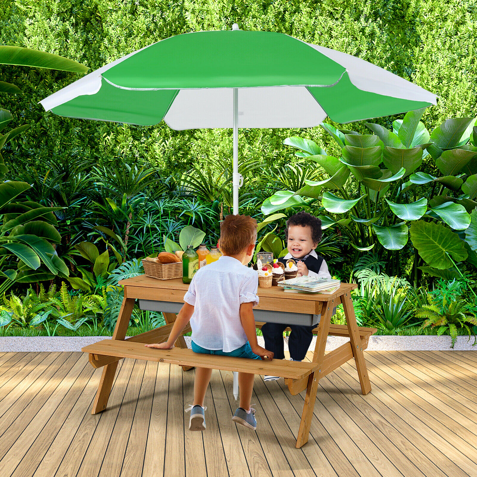 SUGIFT 3-in-1 Kids Outdoor Picnic Water Sand Table and Bench Set with Umbrella 110-lb Tabletop Capacity Ages 3-7 Green