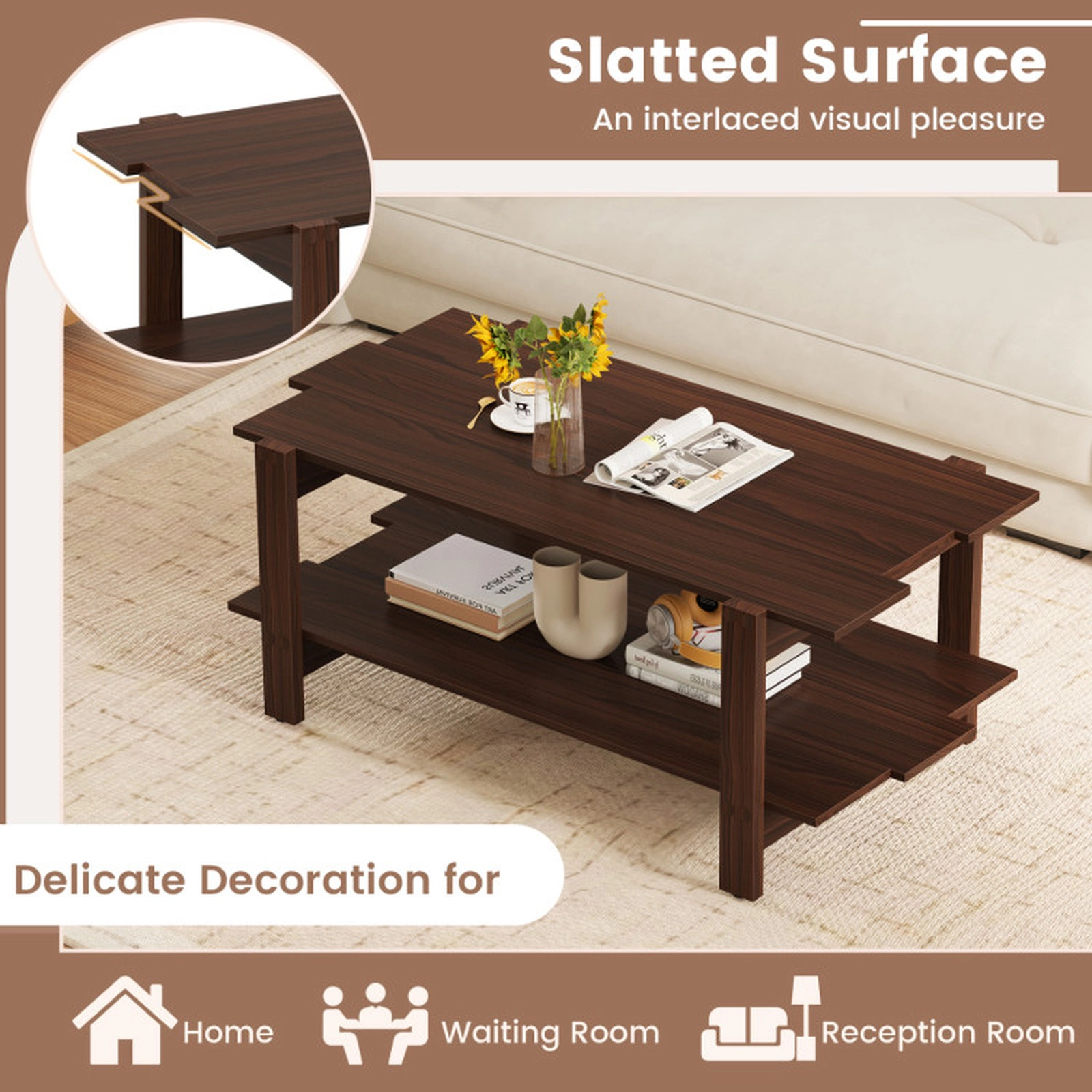 SUGIFT 2-Tier Slatted Engineered Wood Open Storage Coffee Table 45-in x 23.5-in x 18.5-in 135-lb per Shelf Walnut