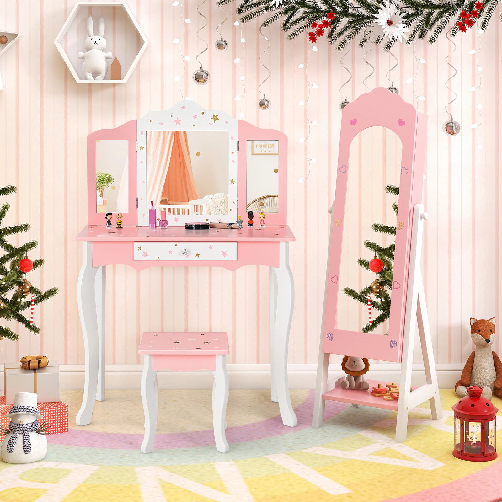 SUGIFT 2-Piece Kids Vanity Table and Stool with Jewelry Armoire Cabinet 88-lb Stool Capacity Pink