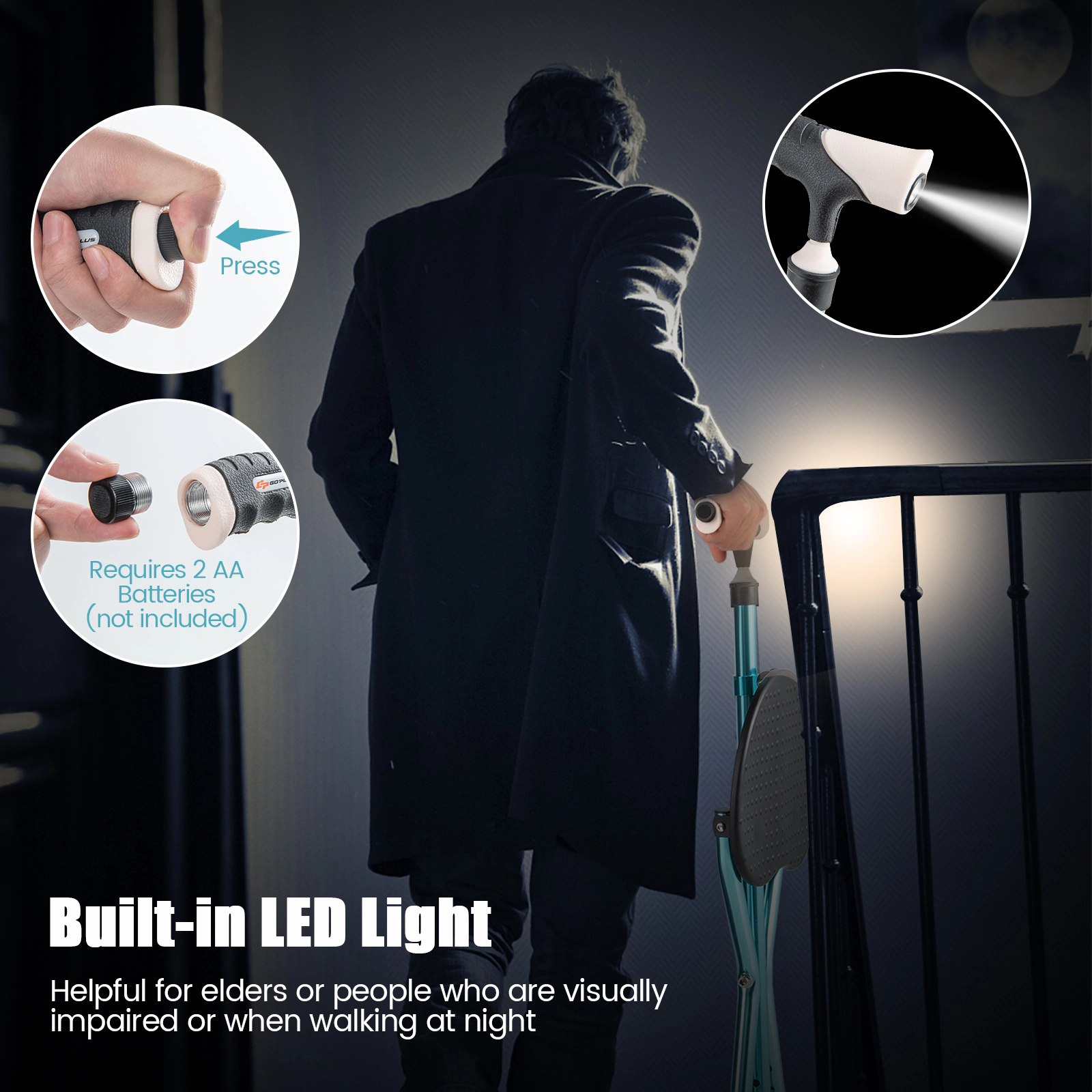 SUGIFT Blue Adjustable Cane Seat with LED Light and 3 Anti-Slip Footpads 31.5-in to 35.5-in H 220-lb User Capacity