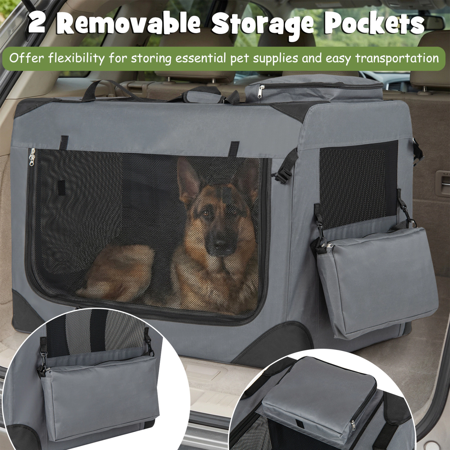 SUGIFT Collapsible Soft Dog Travel Crate with Mesh Windows 36-in Long 70-lb Capacity 3 Doors Gray with Fleece Bed
