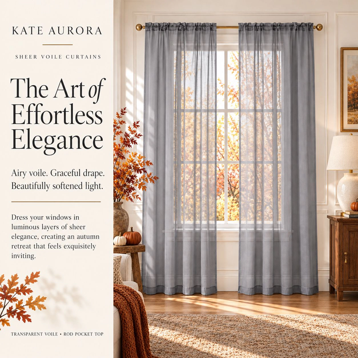 Kate Aurora 2 Piece For Extra Long Windows Rod Pocket Gray Rod Pocket Sheer Curtain Panels - 95 in. Long