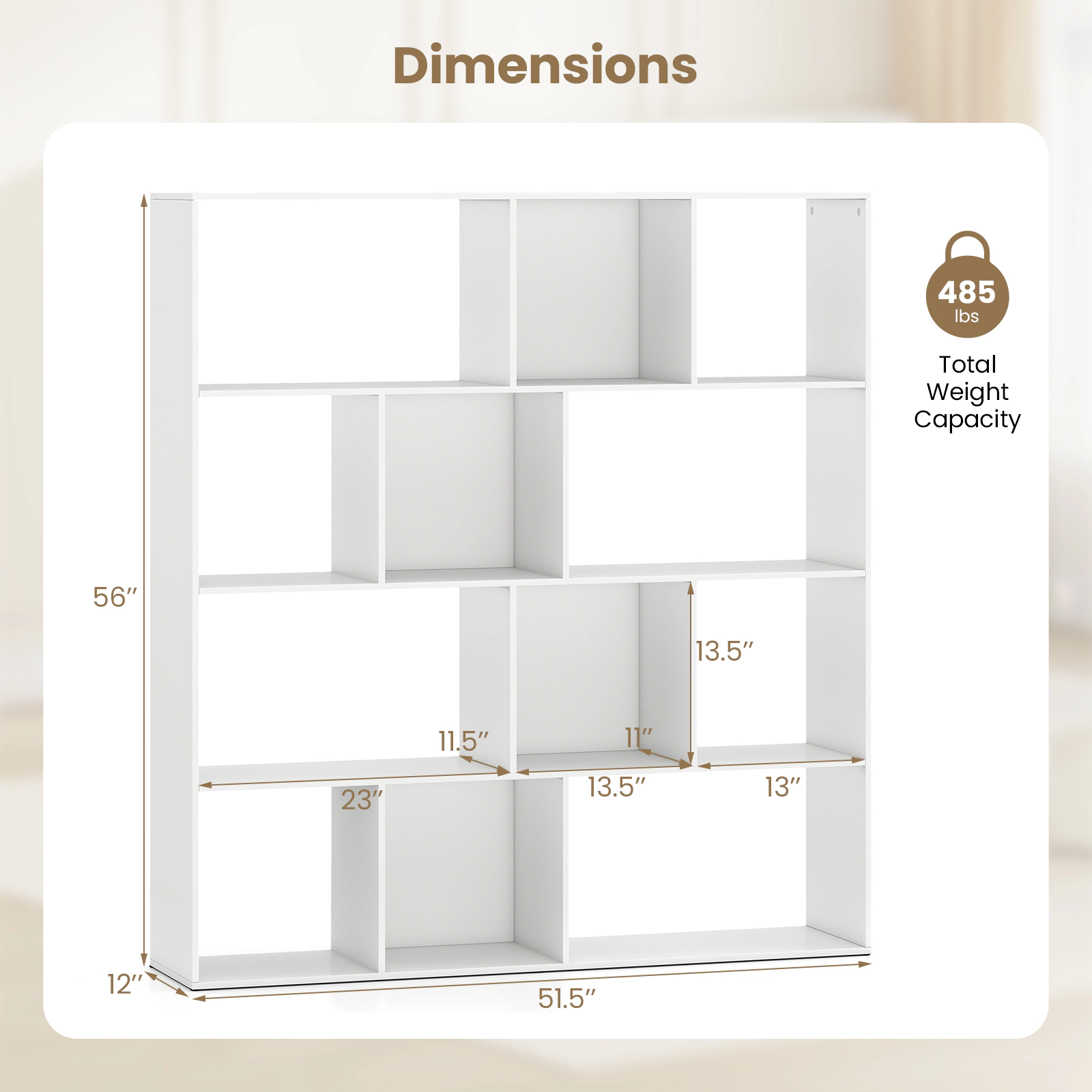 SUGIFT 4-Tier Open Shelf Bookcase with 12 Storage Compartments 485-lb Capacity Engineered Wood MDF White