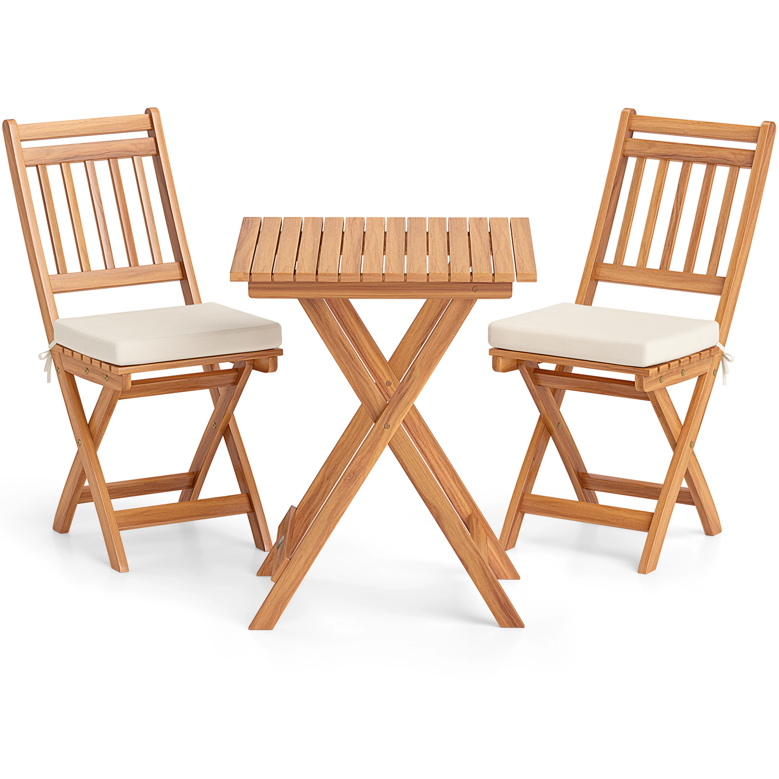 LJG Outdoor Wood Bistro Set with Soft Seat Cushions and Table