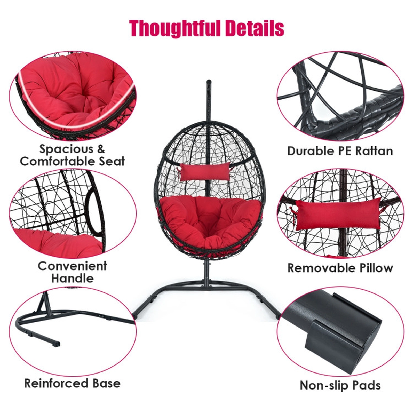 SUGIFT 250-lb Capacity 81-in Hanging Cushioned Hammock Chair with Steel Stand Pillow and Safety Hook