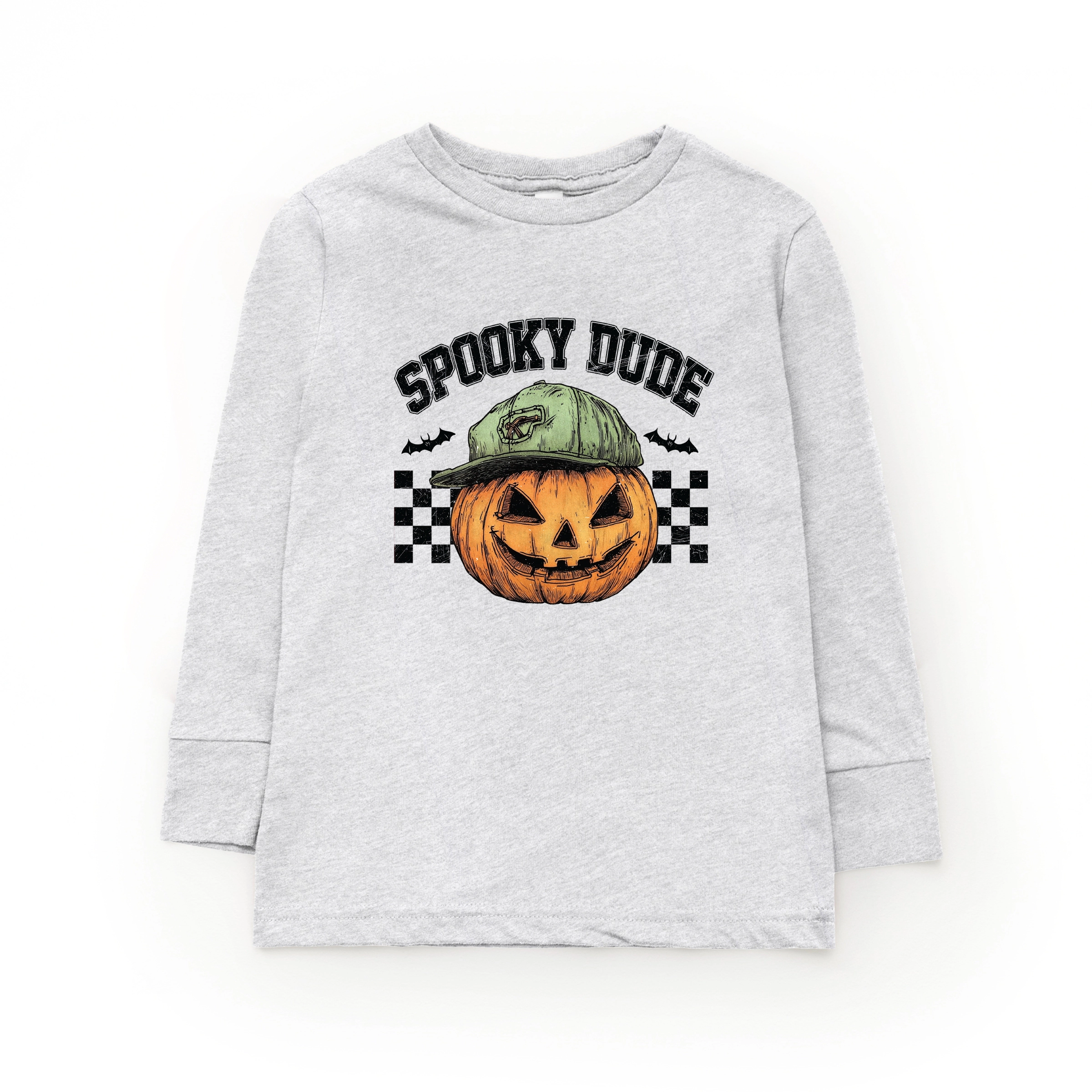 The Juniper Shop - Youth Long Sleeve Graphic T-Shirt Spooky Dude Checkered Pumpkin