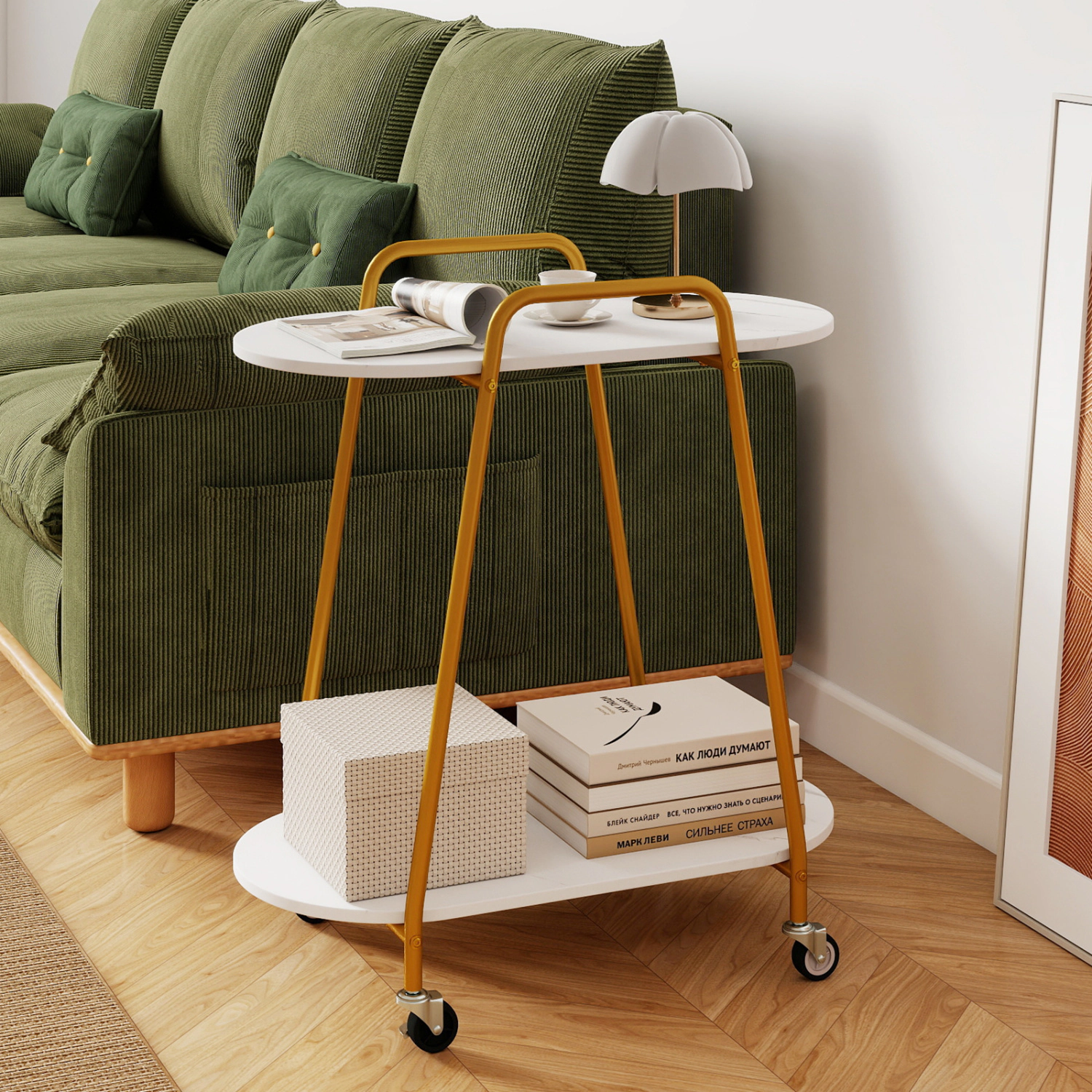 LJG 2-Tier Rolling End Table with Faux Marble Surfaces for Small Spaces