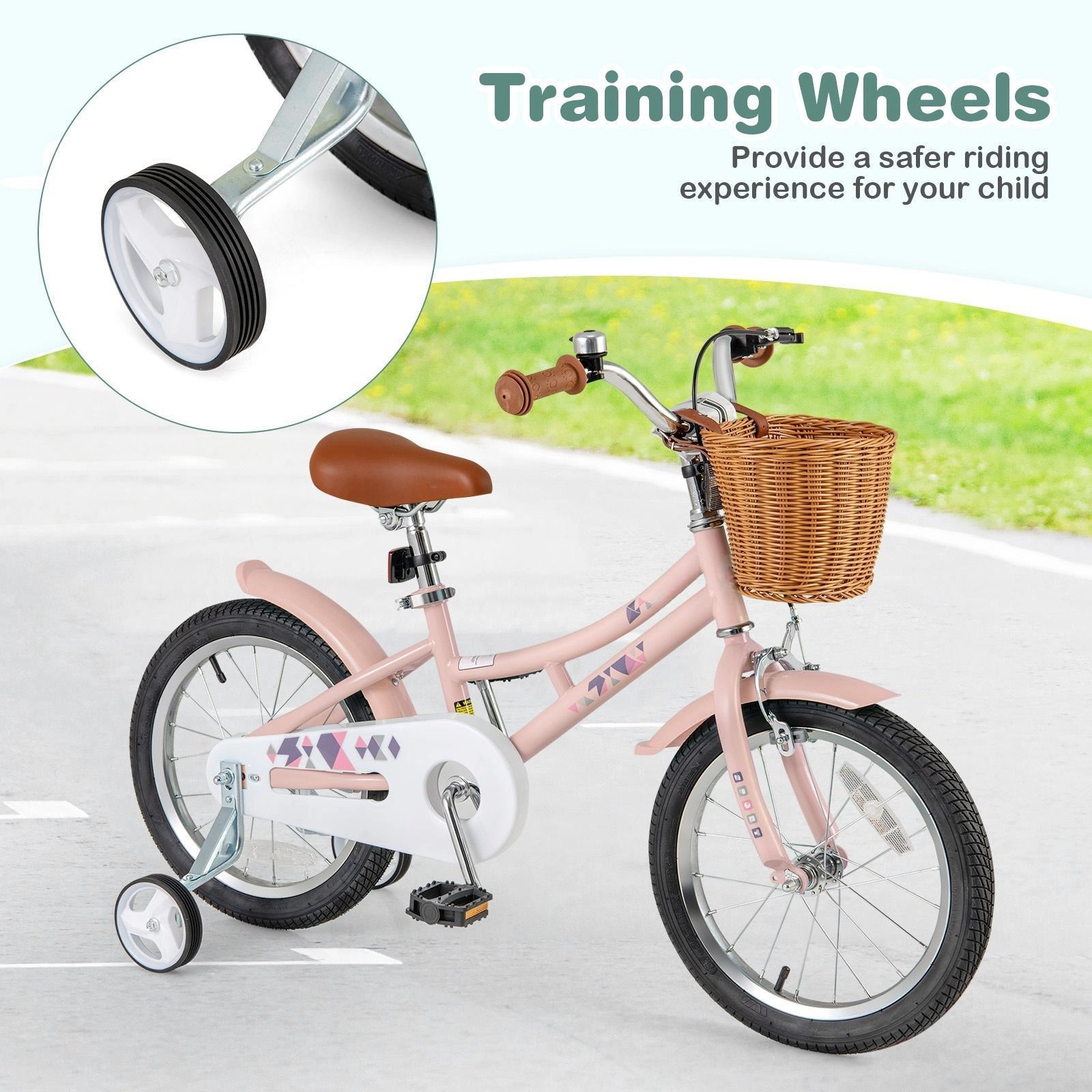 SUGIFT 16-Inch Pink Kids Bike with Basket, Fenders, Training Wheels and Dual Brakes