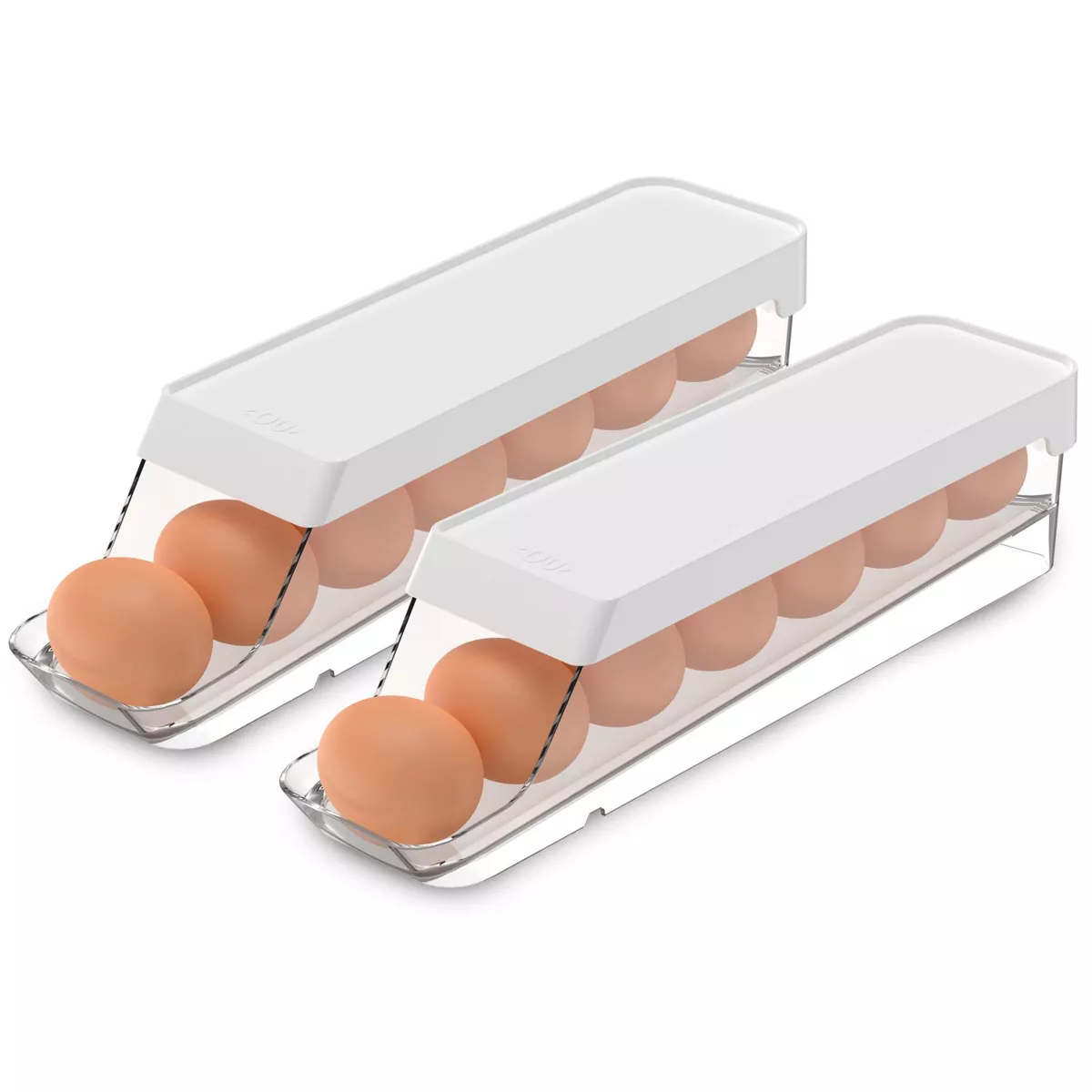 OU Egg Holder for Fridge, Rolling Egg Organizer, Clear Stackable Refrigerator Storage Container, BPA Free, 2 Piece Set