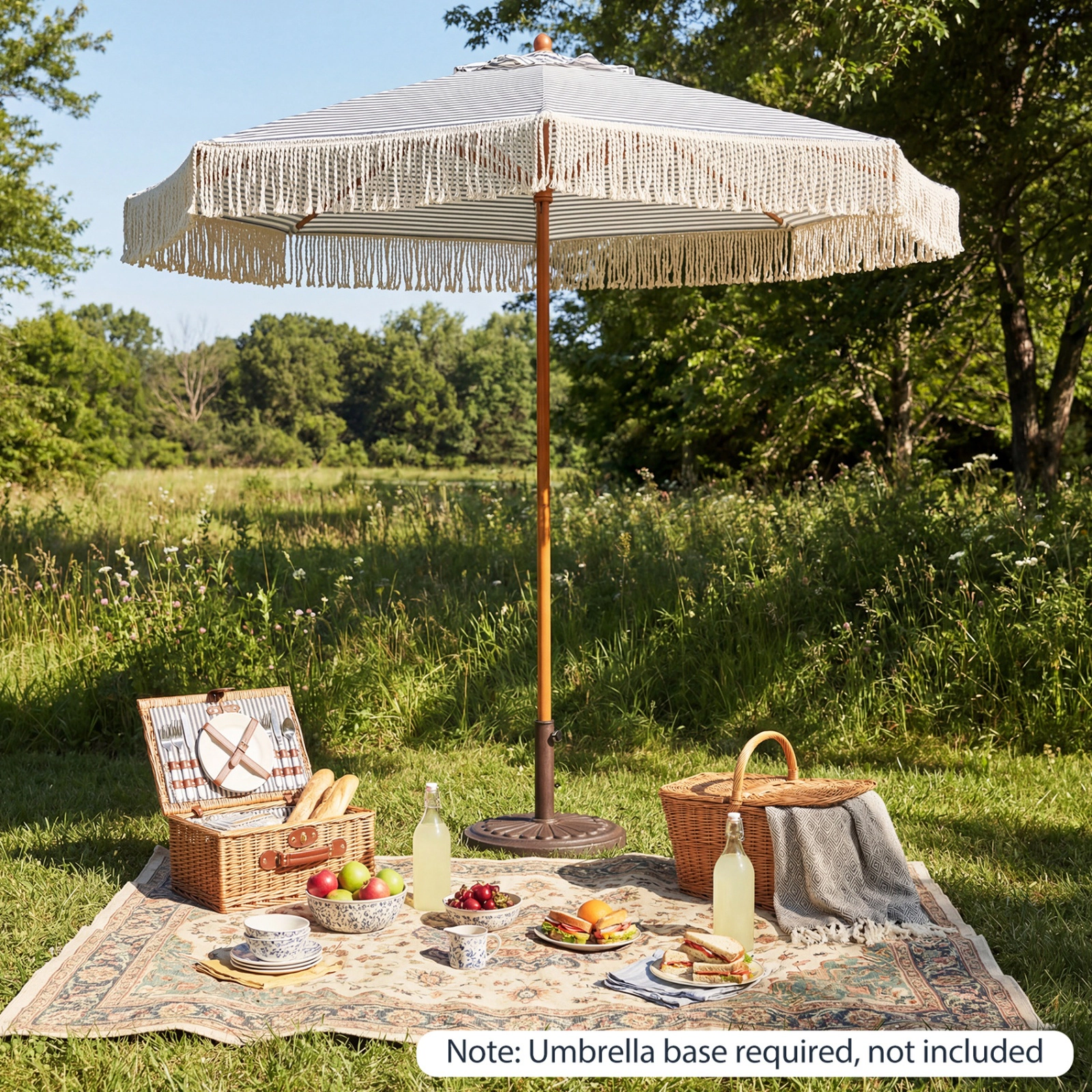 SUGIFT 7-ft Striped Patio Umbrella with Fringe Boho Tassel Sun-Protective Beach Umbrella Blue White Natural