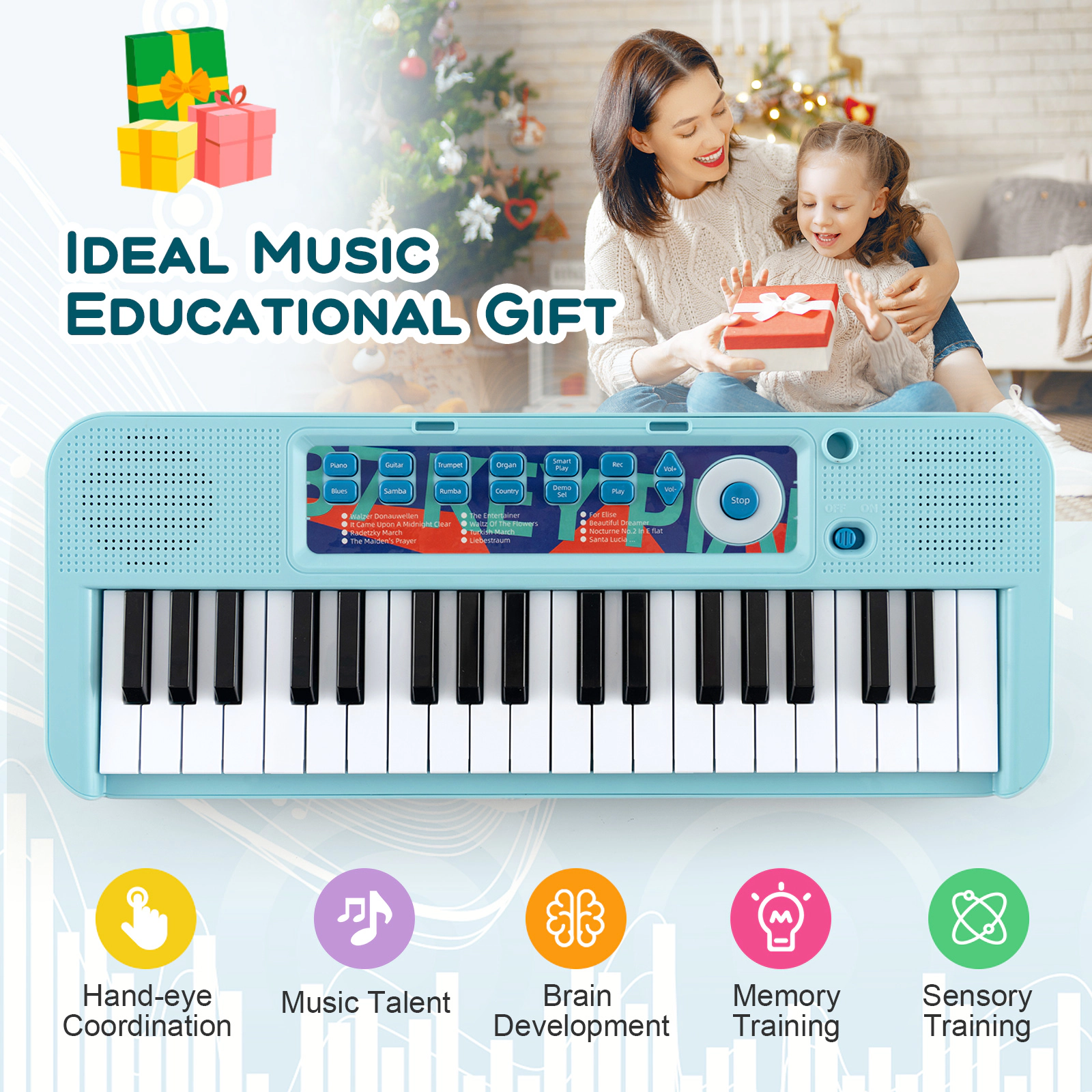 SUGIFT Blue 37-Key Kids Piano Keyboard with Microphone 22 Demo Songs Detachable Legs Music Stand and Stool