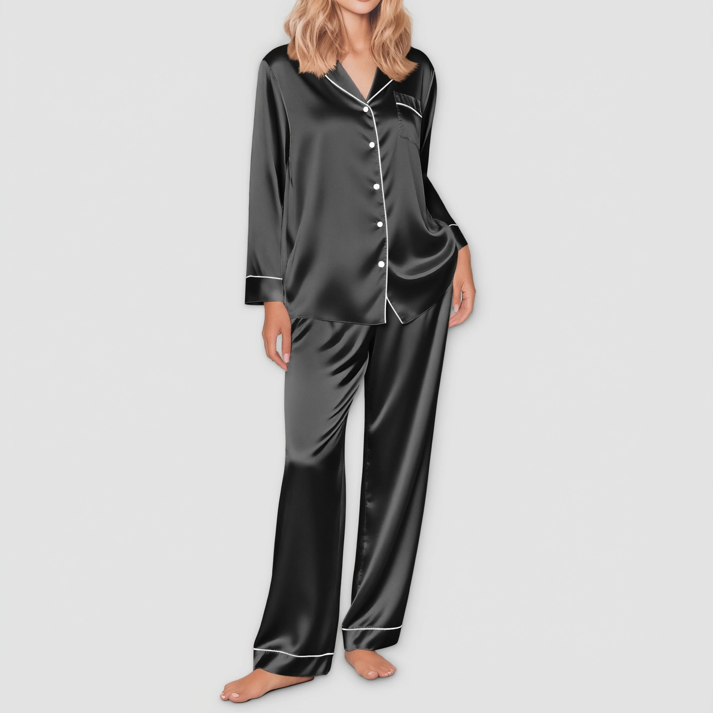 Ekouaer Silk Satin Pajama Set for Womens Button Up Long Sleeve Pajamas Sleepwear Two Piece